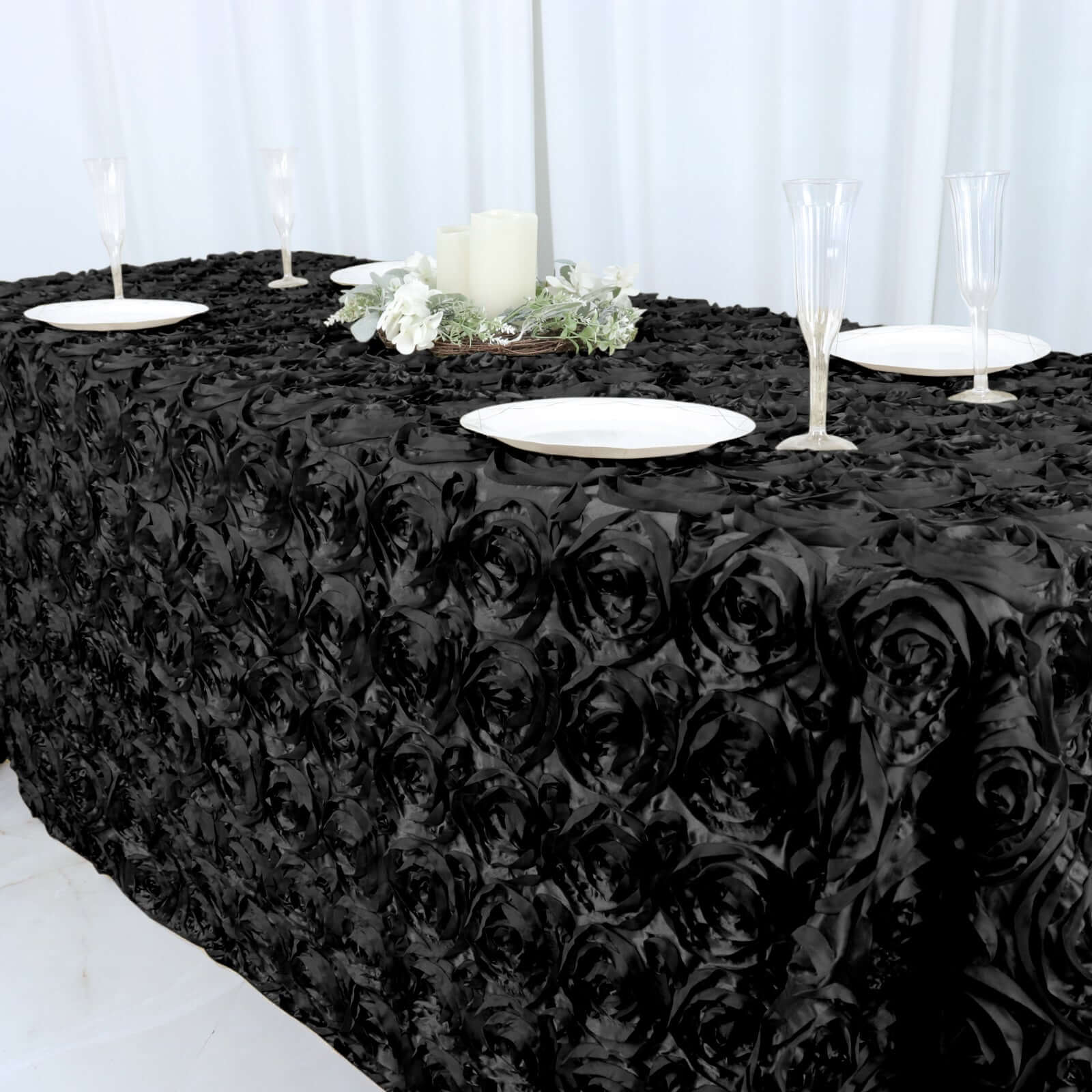 Black Satin Rectangle Tablecloth (90x132) with Stunning 3D Rosette Design for Elegant Gatherings