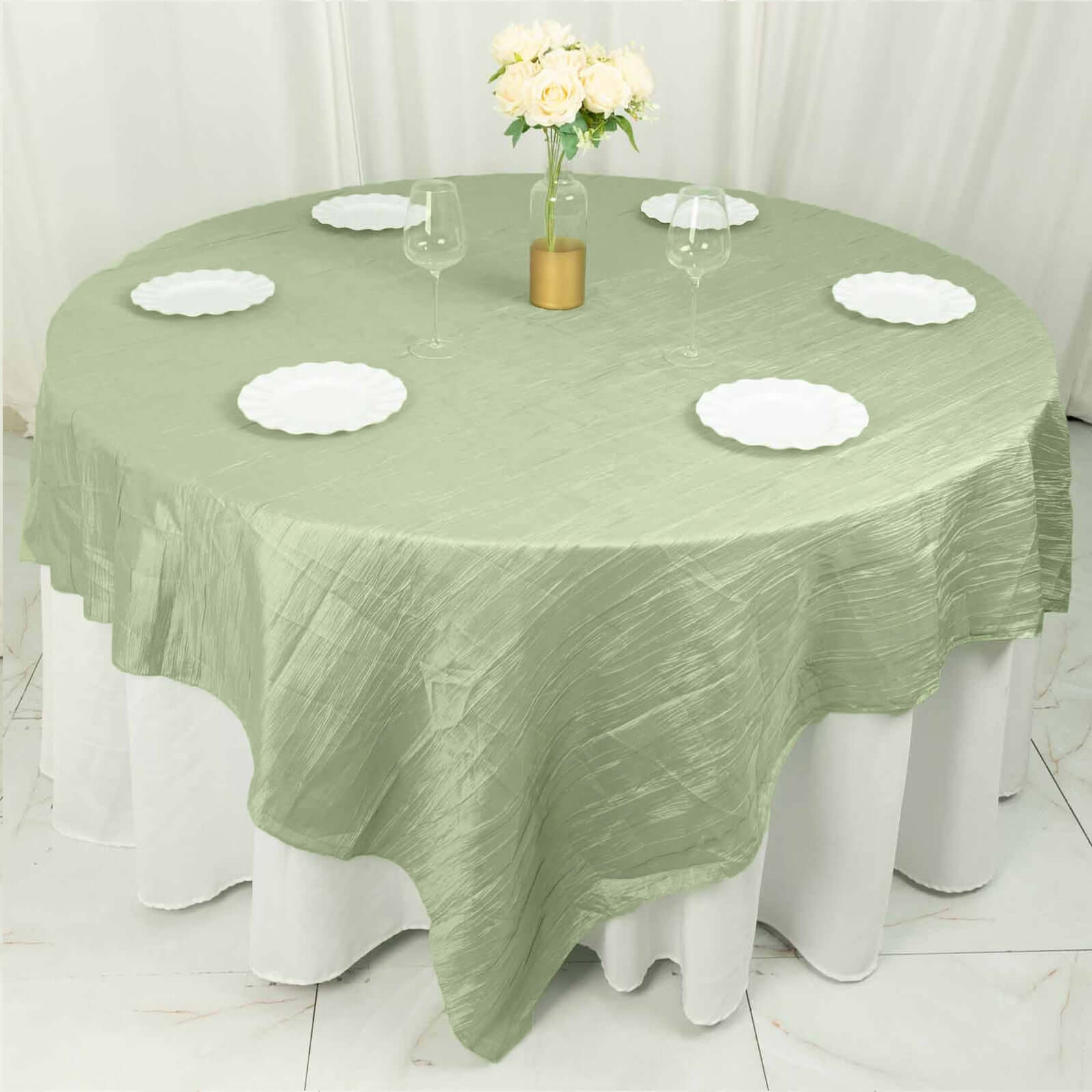 Sage Green 90x90 Square Accordion Crinkle Taffeta Table Overlay