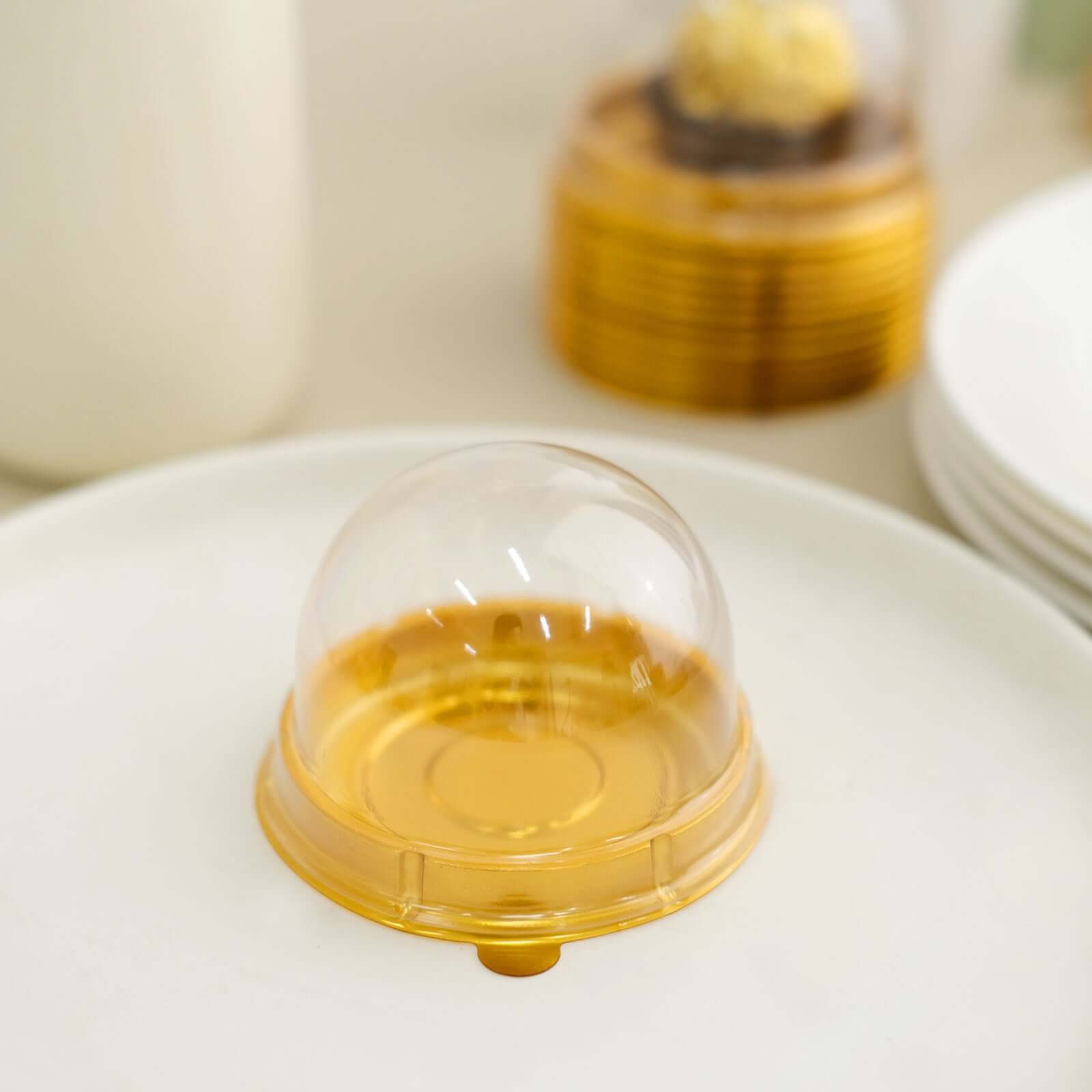 50-Piece Set of Plastic Party Favor Containers - Round Dome Design in Gold and Clear for Cupcakes and Sweets