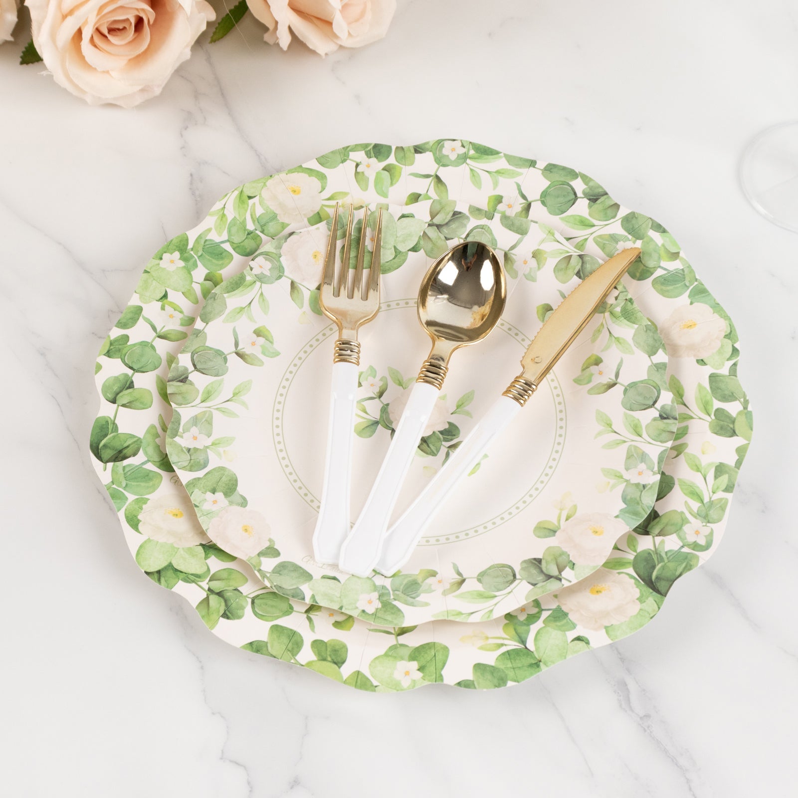 25-Pack 8-Inch White Paper Dessert Plates with Floral Greenery & Scalloped Edges - Ideal for Rustic Weddings and Garden Brunches