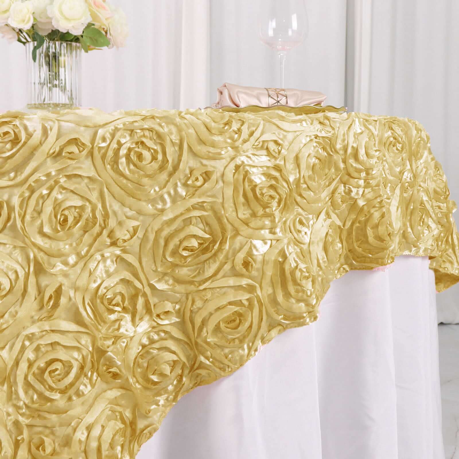 Champagne Satin 72x72 3D Rosette Square Table Overlay - Great for Events