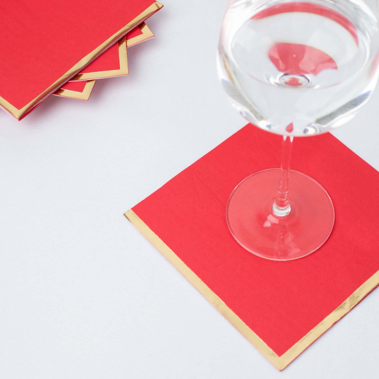 Hot! 50-Pack Red Disposable 2-Ply Cocktail Napkins with Gold Foil Edge, 6.5x6.5