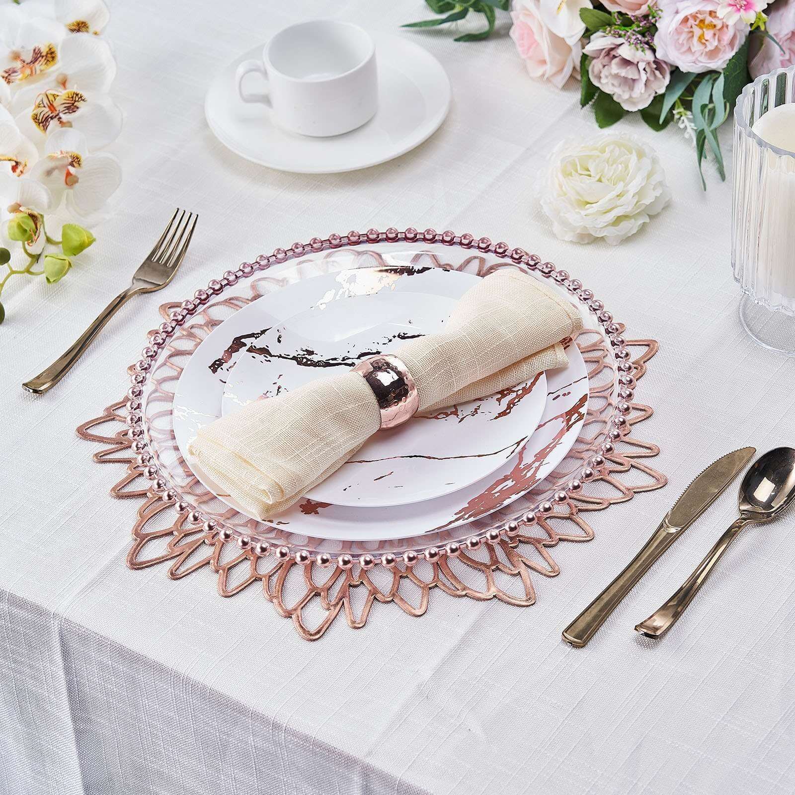 6-Piece Rose Gold Floral Round Non-Slip Vinyl Dining Table Mats, 15 Inches