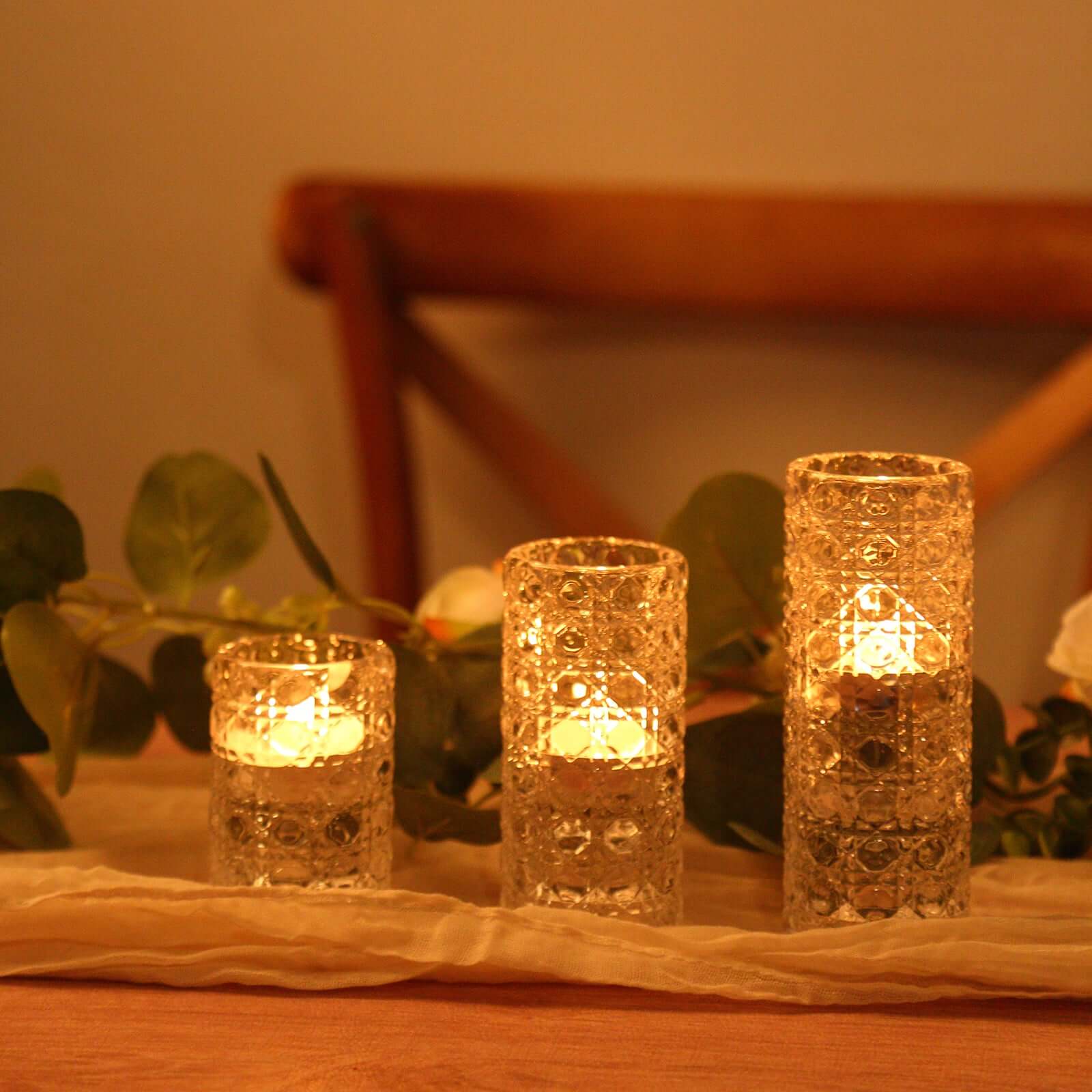 Hot Deal! Set of 3 Clear Glass Taper & Tealight Candle Holders with Gemstone Pattern