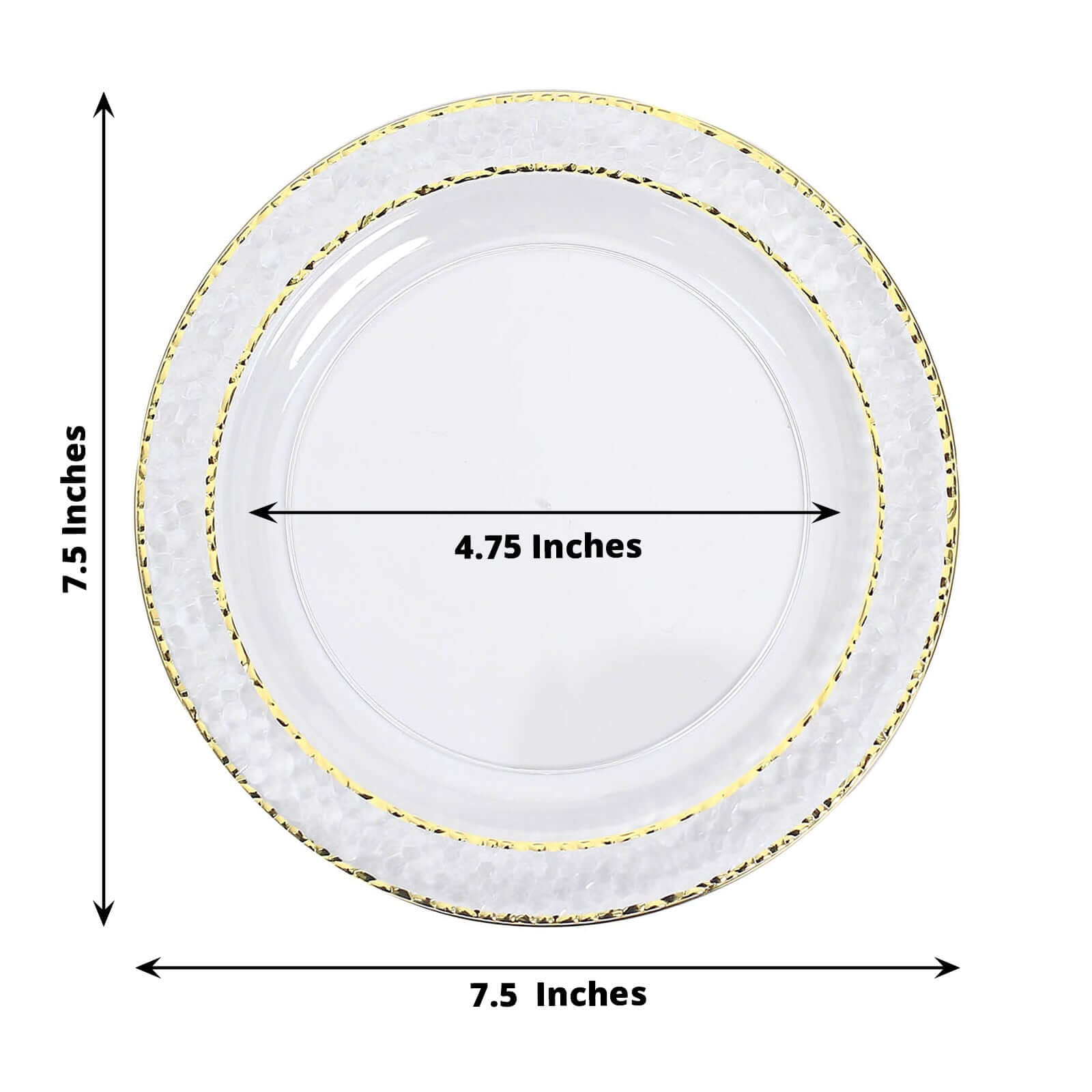 10-Piece Set of Disposable Clear Plastic Appetizer Plates with Hammered Design and Gold Rim for Special Events