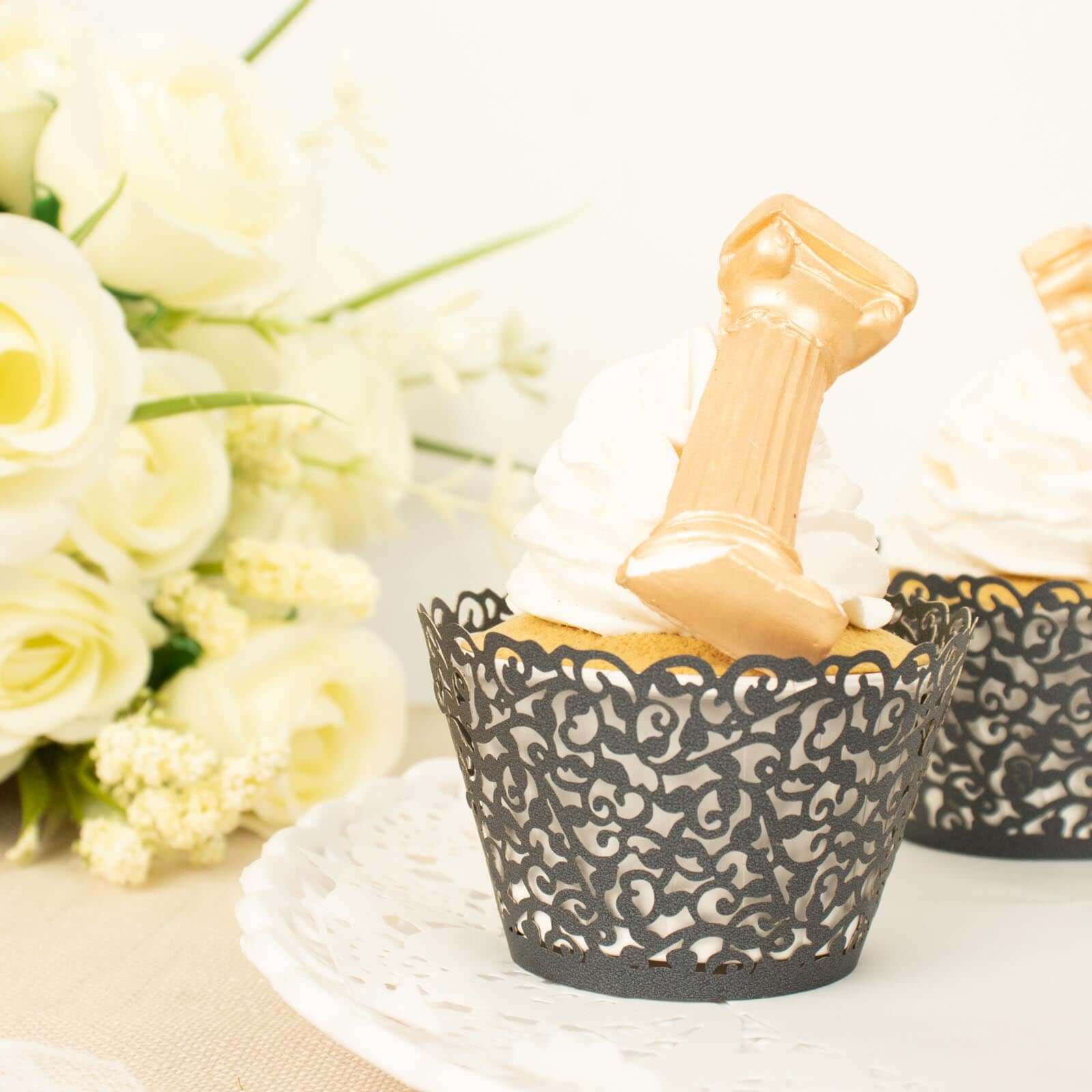 25-Pack Premium Black Lace Laser-Cut Paper Cupcake Wrappers - Ideal for Events