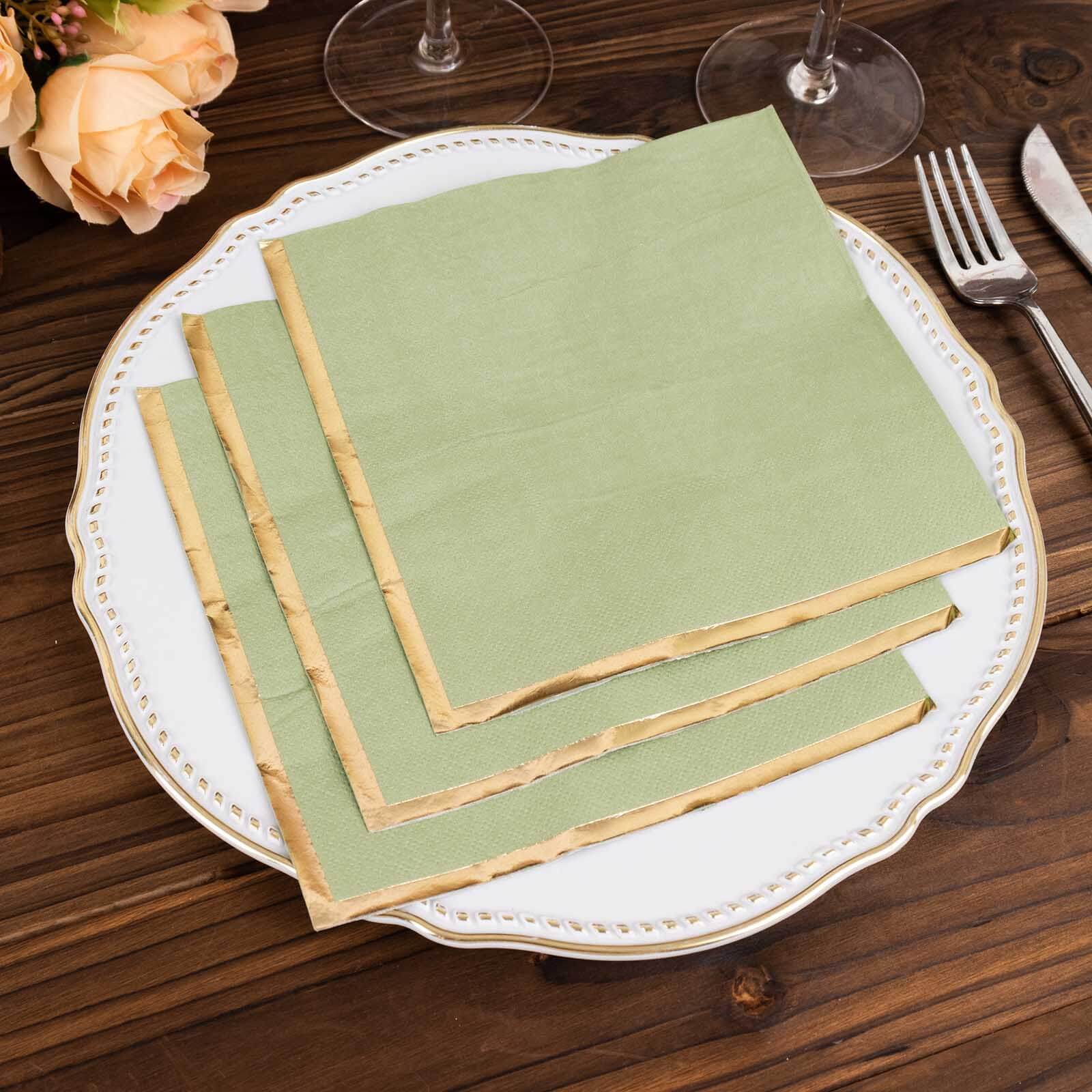 50-Pack Disposable 2-Ply Sage Green Paper Beverage Napkins with Gold Foil Edge - Ideal for Events