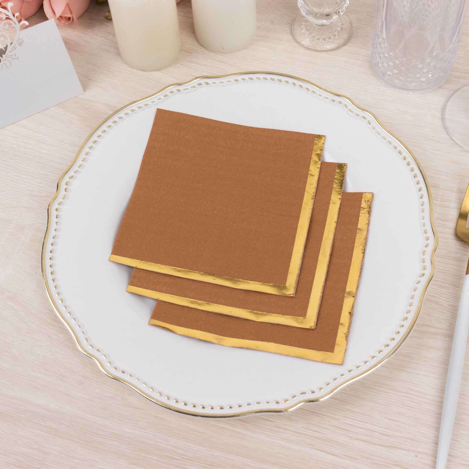 50-Piece 2-Ply Disposable Soft 18GSM Terracotta (Rust) Cocktail Napkins with Gold Foil Edge 5x5