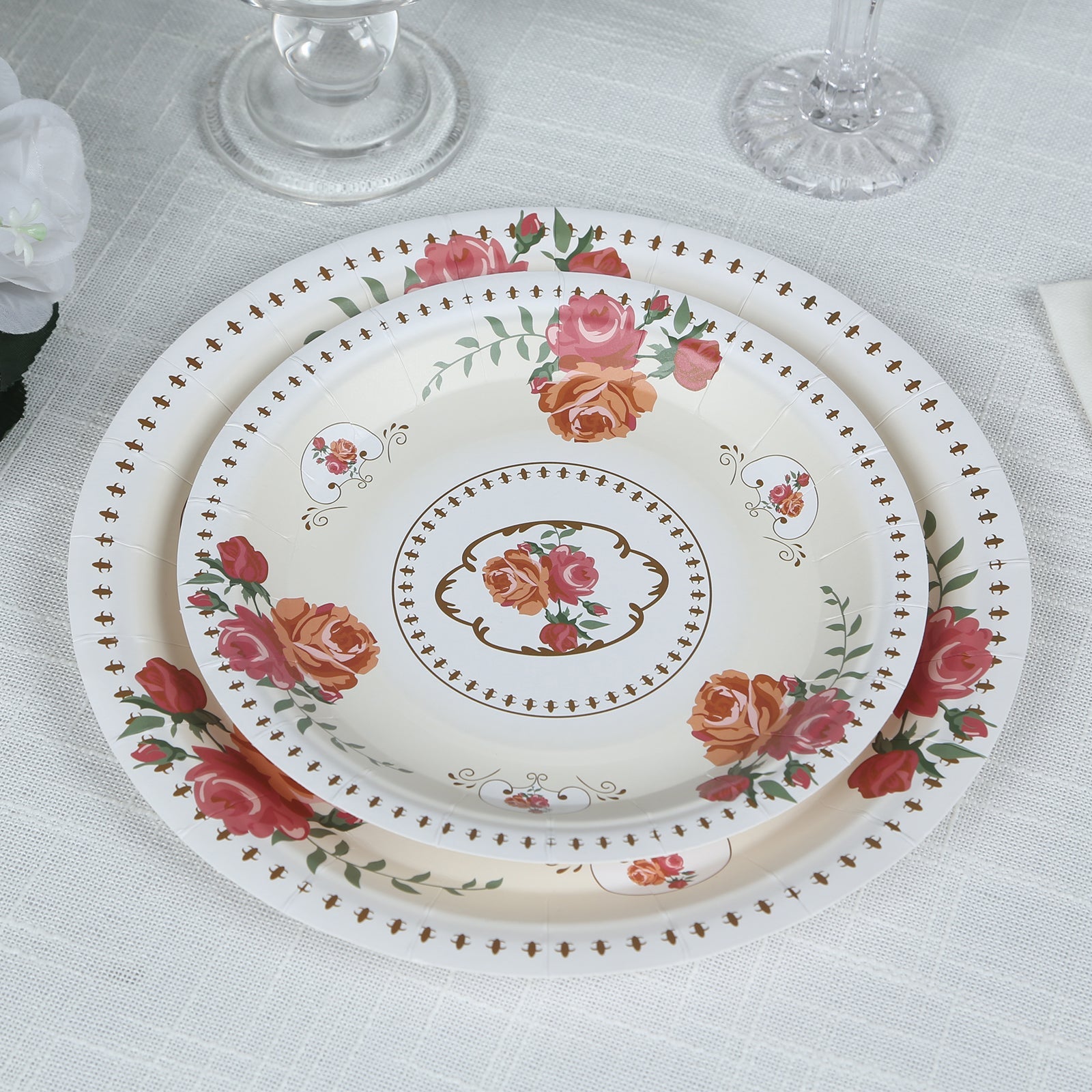 25-Piece Set of Disposable Ivory Paper Round Dessert Plates with Vintage Rose Prints - Ideal for Bridal Showers & Garden Luncheons