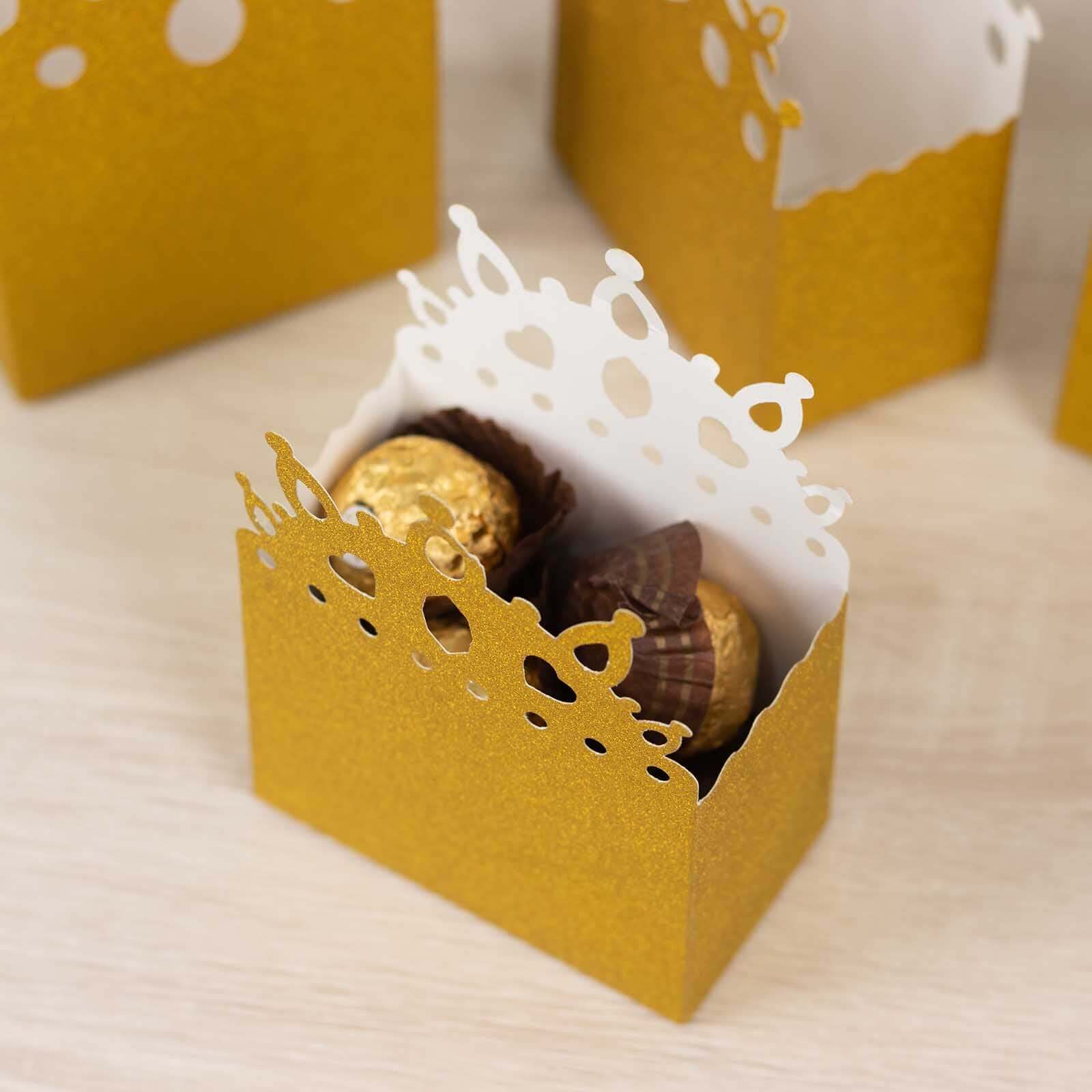 Hot Sale! 20-Pack Gold Glitter Princess Crown Cardstock Favor Boxes for Weddings, Birthdays & More