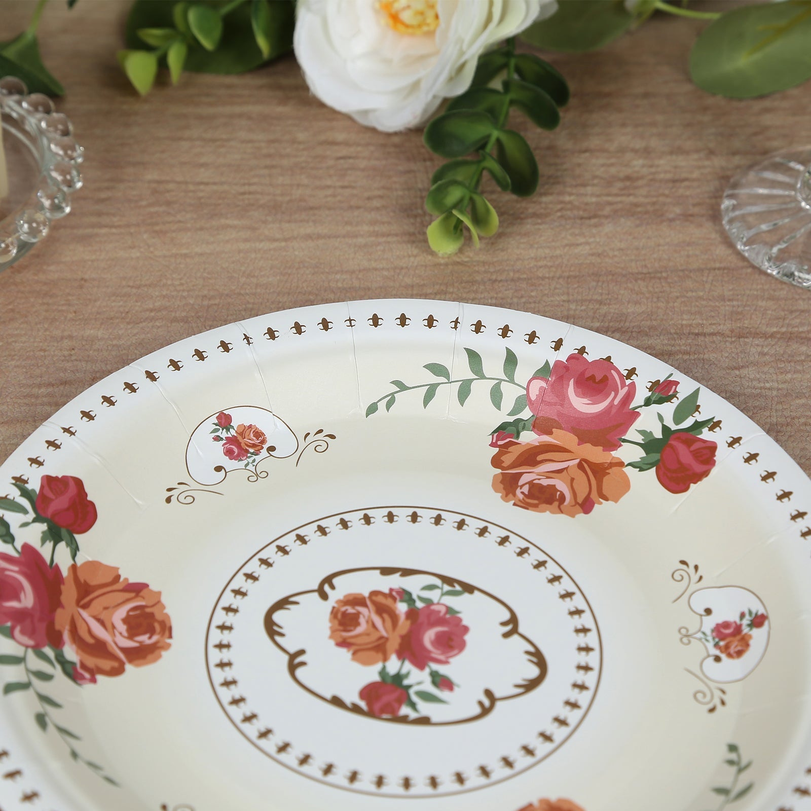 25-Piece Set of Disposable Ivory Paper Round Dessert Plates with Vintage Rose Prints - Ideal for Bridal Showers & Garden Luncheons
