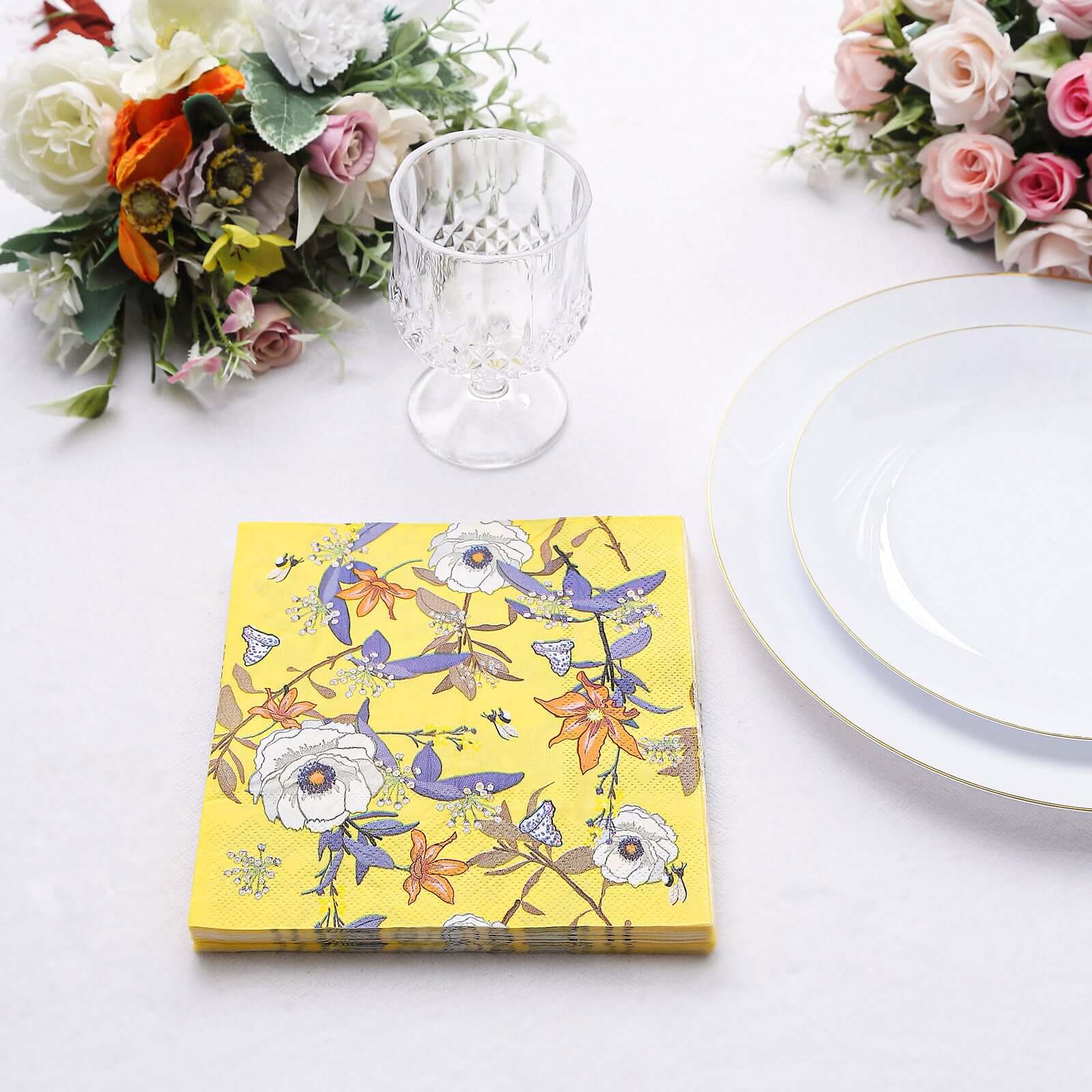 20-Pack Yellow Floral 2-Ply Soft 18GSM Paper Beverage Napkins for Weddings and Parties
