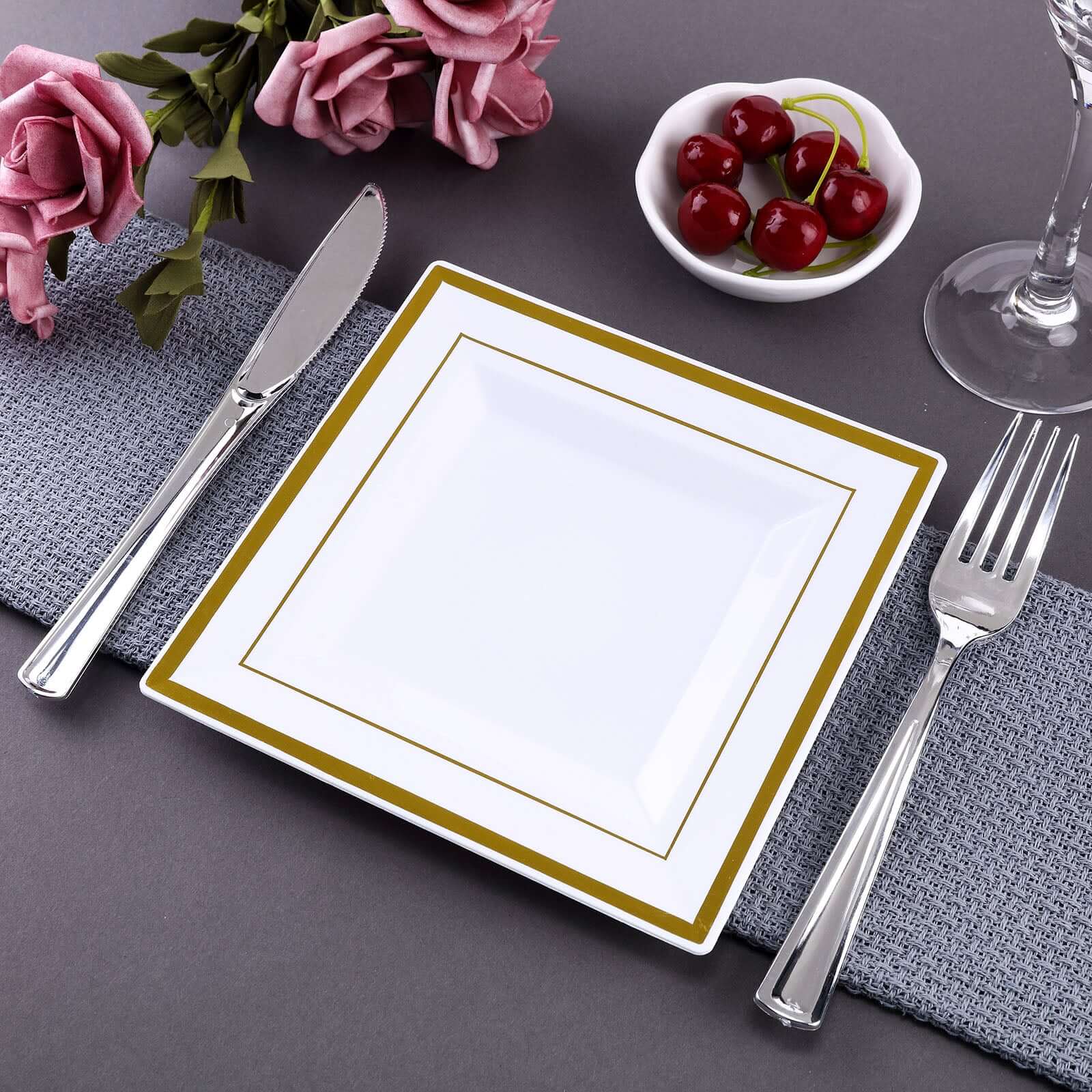 10-Pack Disposable White Square Salad & Dessert Plates with Gold Trim, 7" Size