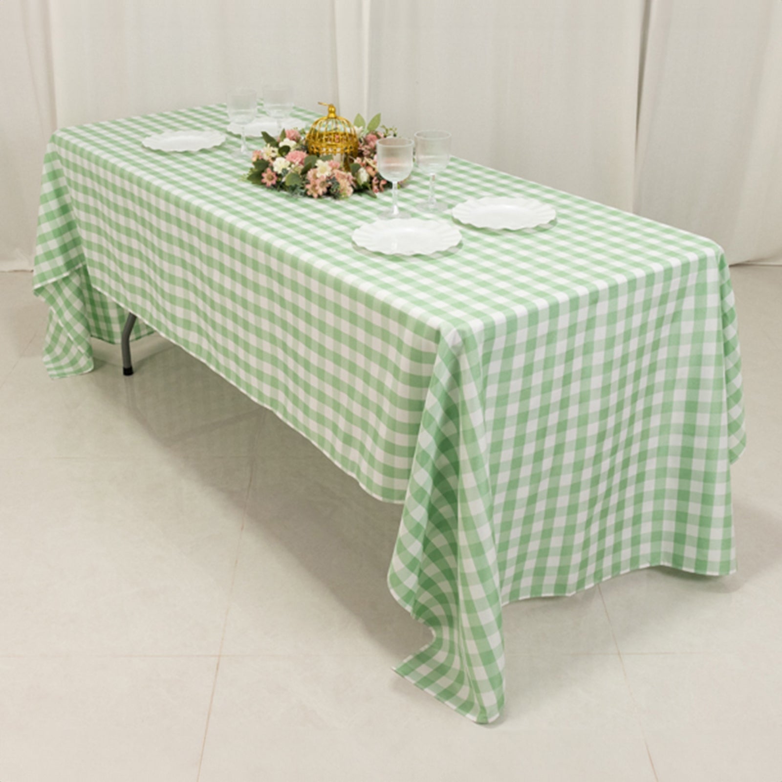 Hot! White/Sage Green Buffalo Plaid Polyester 60x126 Rectangle Tablecloth