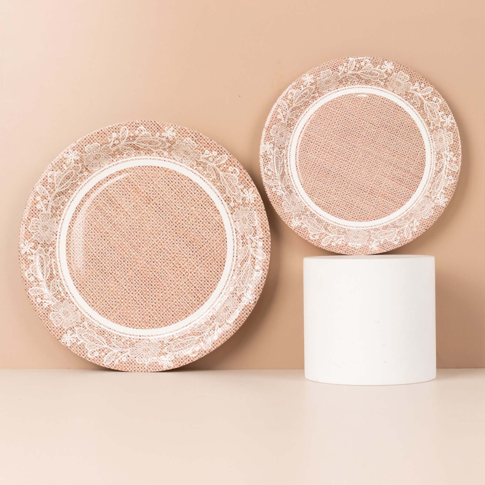 25-Pack 9-Inch Round Disposable Paper Dinner Plates with Natural Burlap & White Floral Lace Design