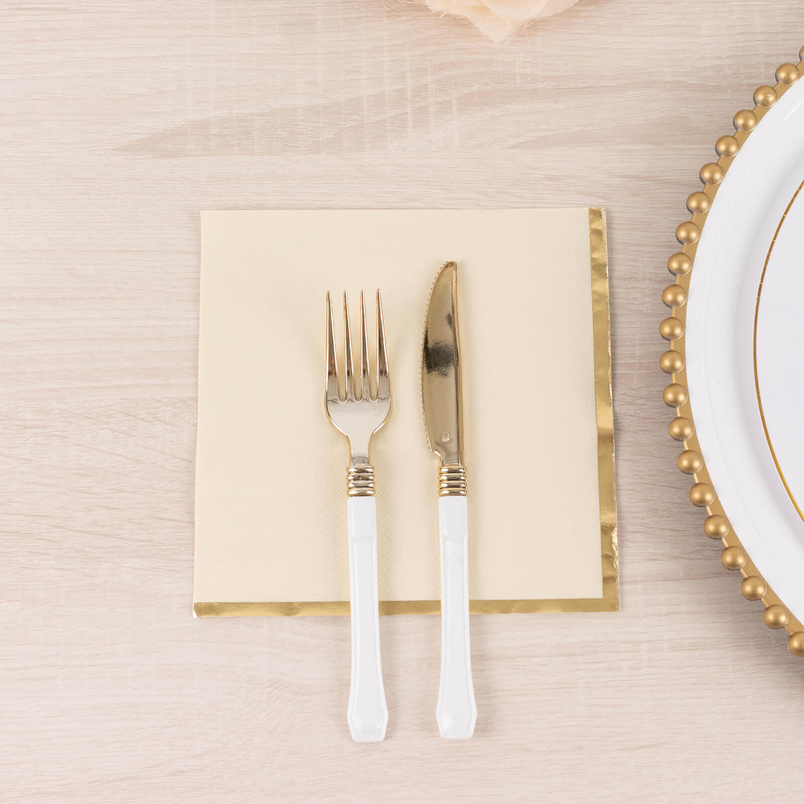 Hot Deal! 50-Pack Disposable 2-Ply Ivory Cocktail Paper Napkins with Gold Foil Edge, 6.5x6.5