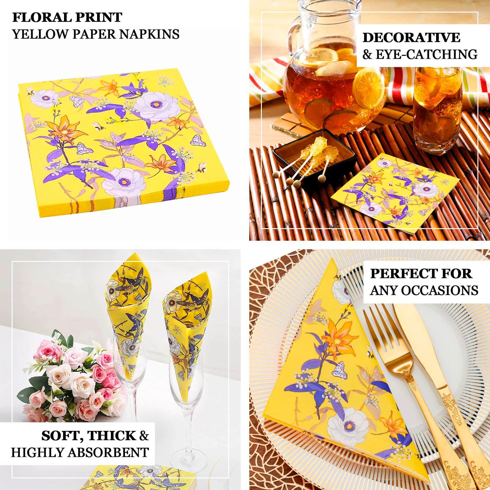 20-Pack Yellow Floral 2-Ply Soft 18GSM Paper Beverage Napkins for Weddings and Parties