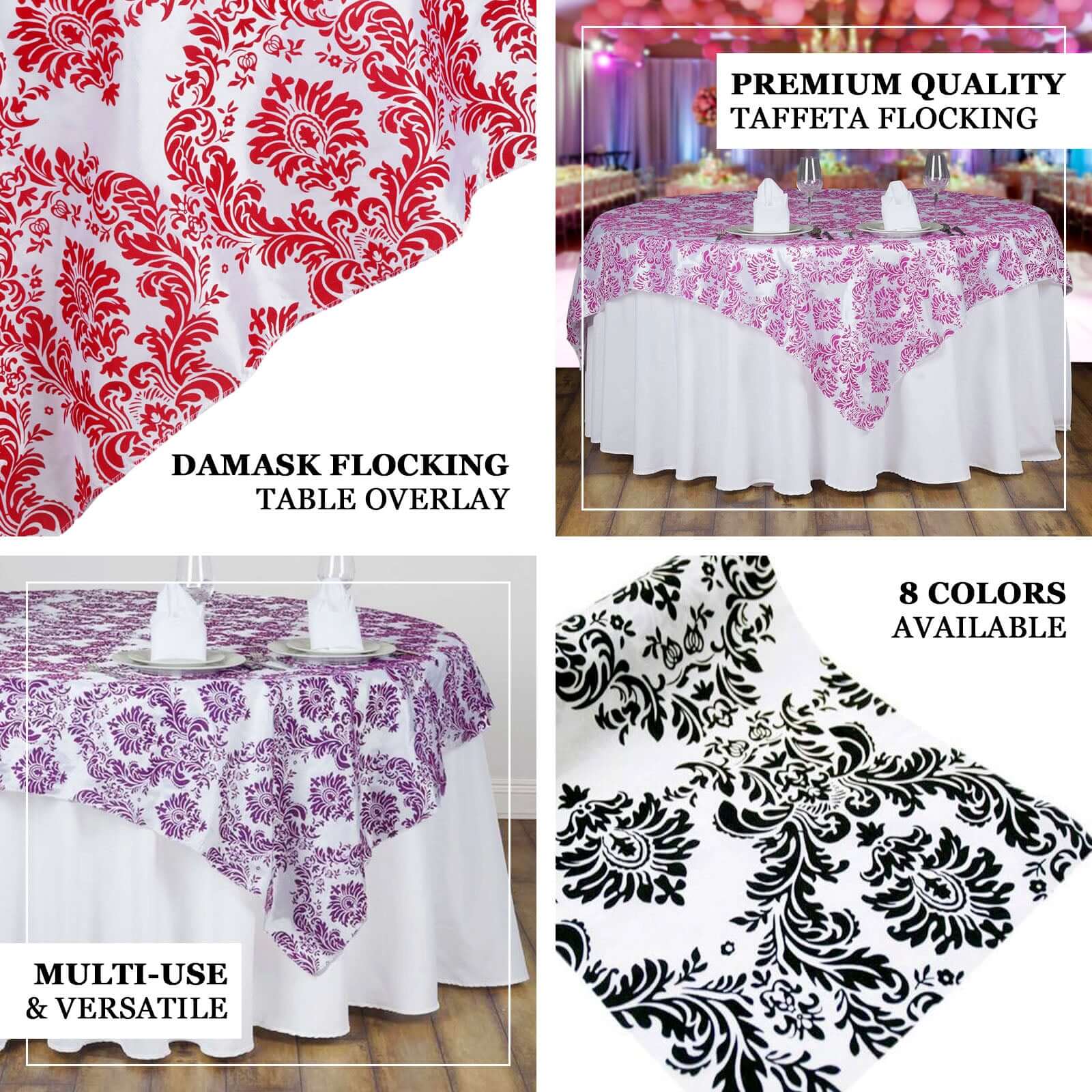 Black 90x90 Square Flocking Table Overlay with Damask Design for Elegant Events