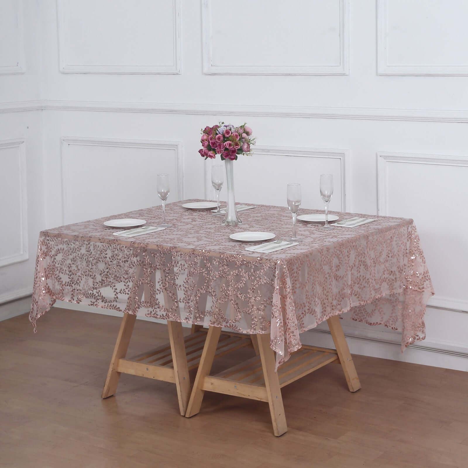 Hot Deal! Rose Gold Sequin Leaf Embroidered 72x72 Tulle Square Table Overlay
