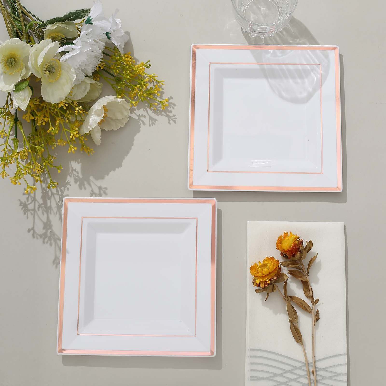 10-Piece Set of Durable Disposable White Square Salad & Dessert Plates with Rose Gold Trim, 7 Inches