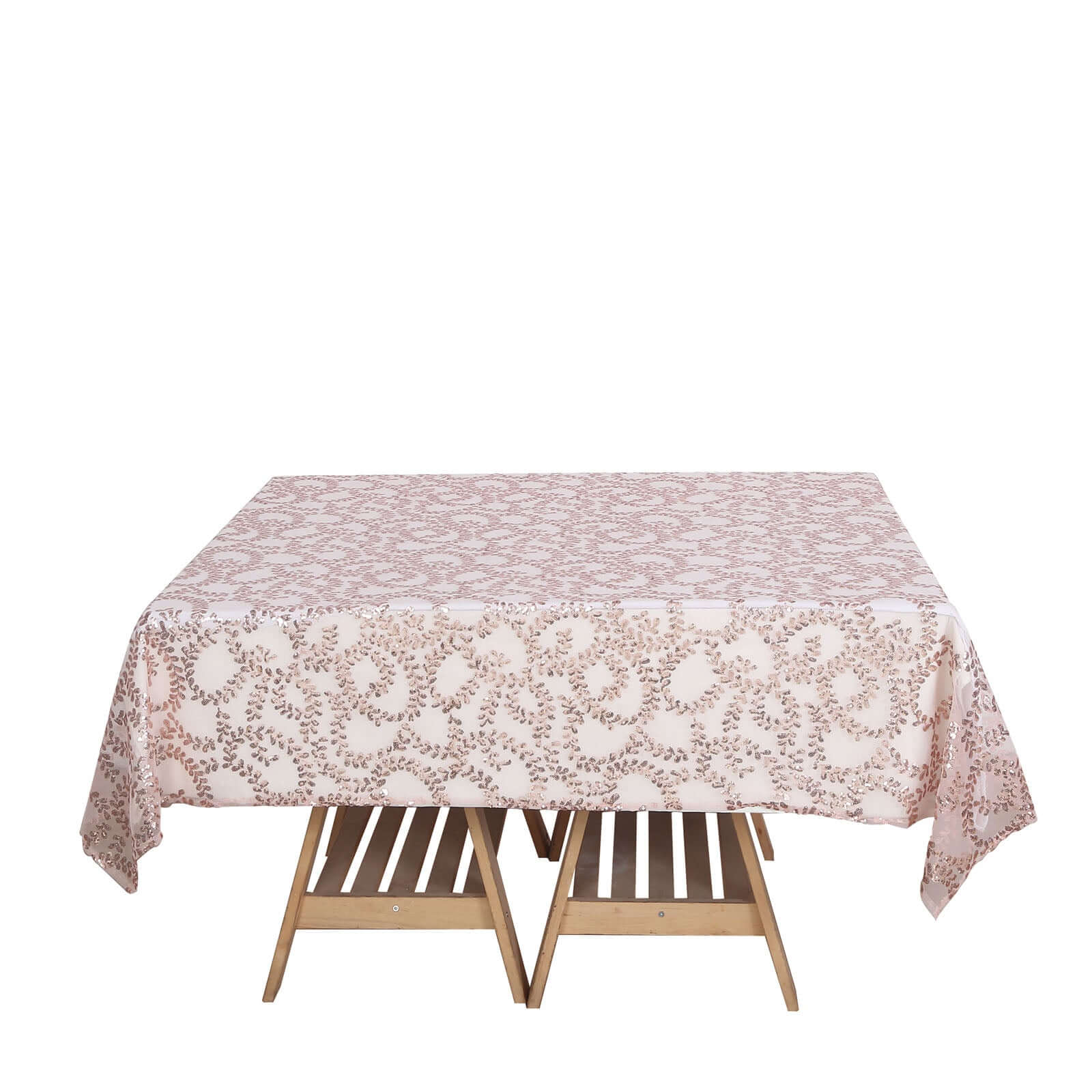Hot Deal! Rose Gold Sequin Leaf Embroidered 72x72 Tulle Square Table Overlay