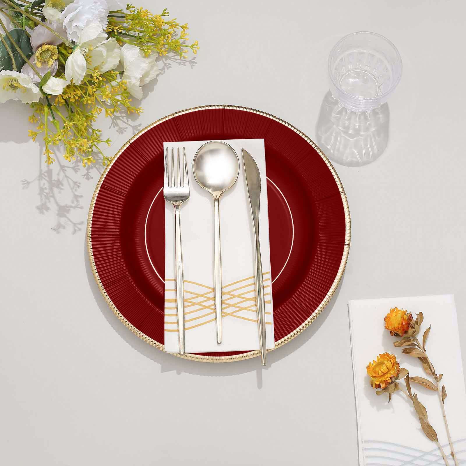 25-Pack Disposable Heavy Duty 350GSM Paper Round Dinner Plates in Burgundy Sunray Design with Gold Rim - Perfect for Parties