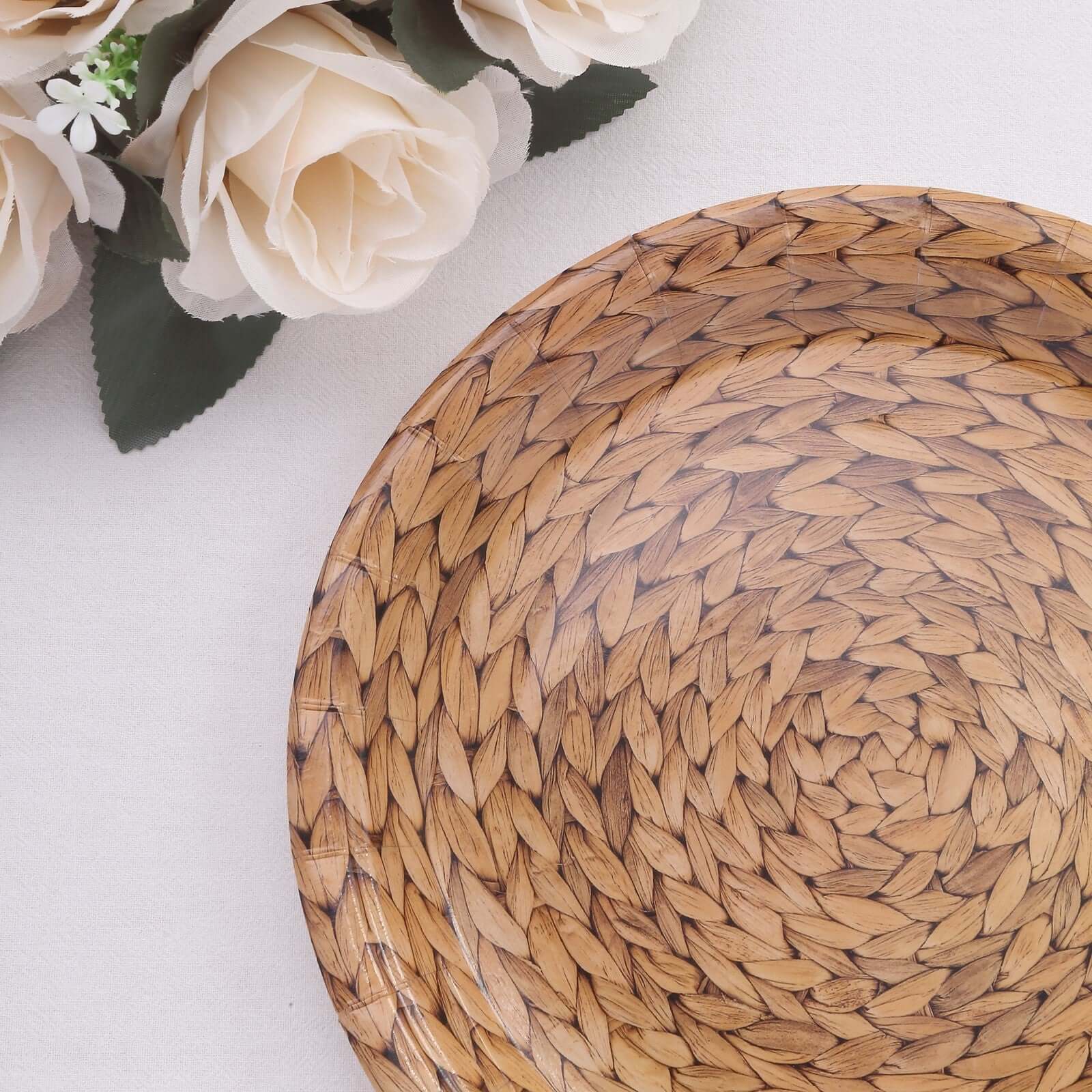 25-Pack 9" Natural Round Paper Dinner Plates with Woven Rattan Print - Ideal for Rustic Country Chic Parties