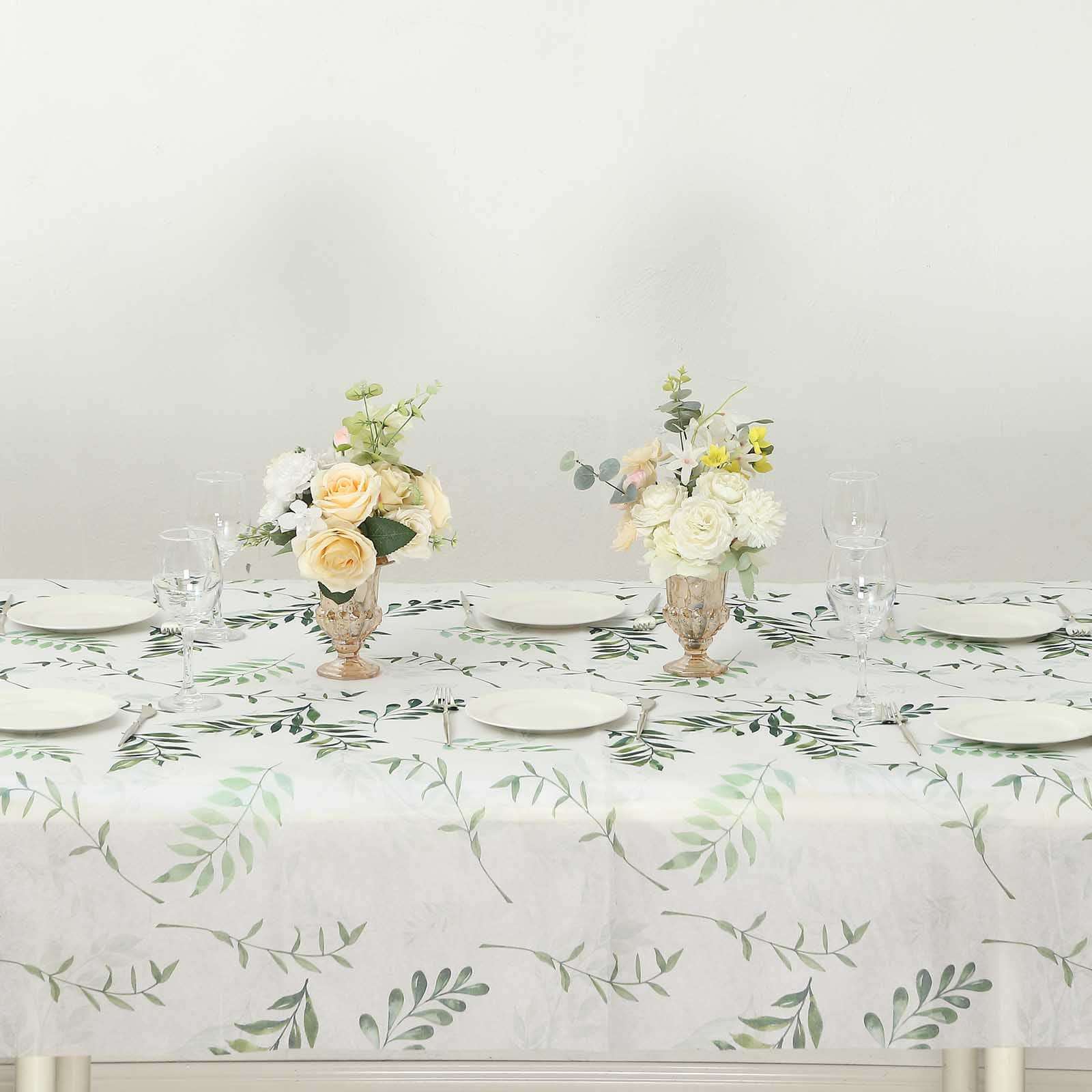 Hot Deal! Disposable Non-Woven Rectangle Tablecloth in White/Green with Olive Leaves Print, 60x102 for Summer