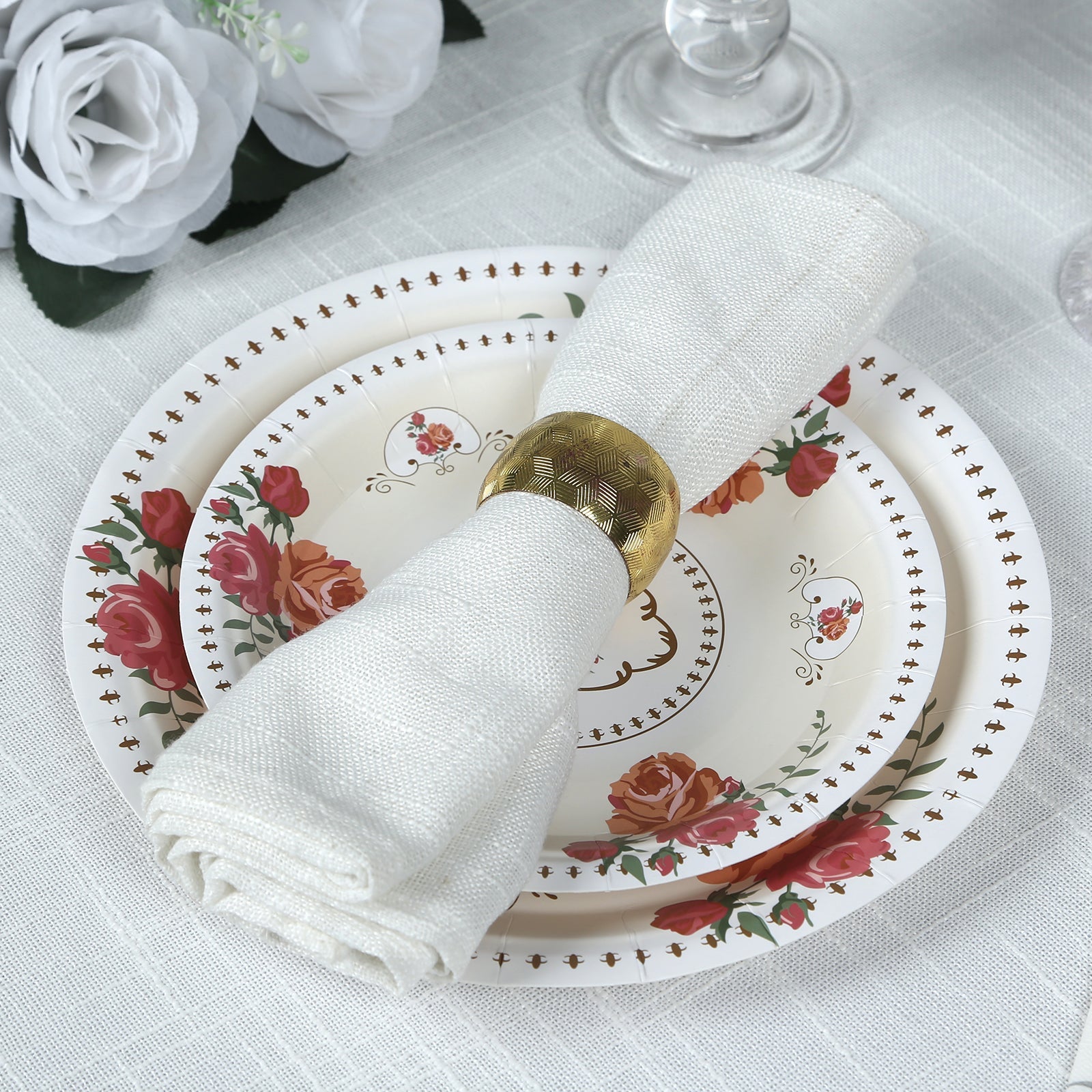 25-Piece Set of Disposable Ivory Paper Round Dessert Plates with Vintage Rose Prints - Ideal for Bridal Showers & Garden Luncheons