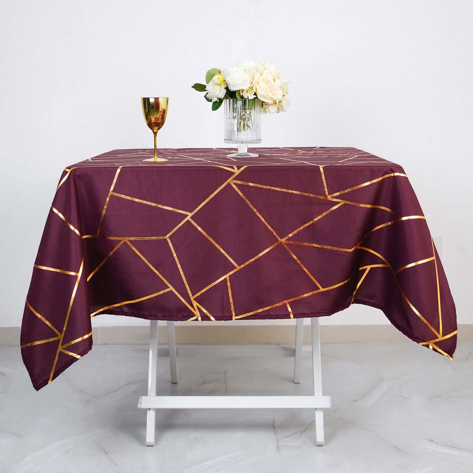 Hot! Wrinkle-Resistant & Durable Burgundy Polyester Table Overlay with Gold Foil Geometric Pattern, 54x54