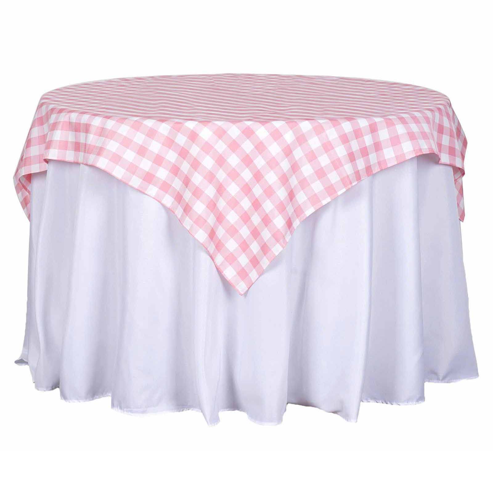 Hot! White/Rose Quartz Polyester 54x54 Checkered Buffalo Plaid Square Table Overlay for Casual Tables