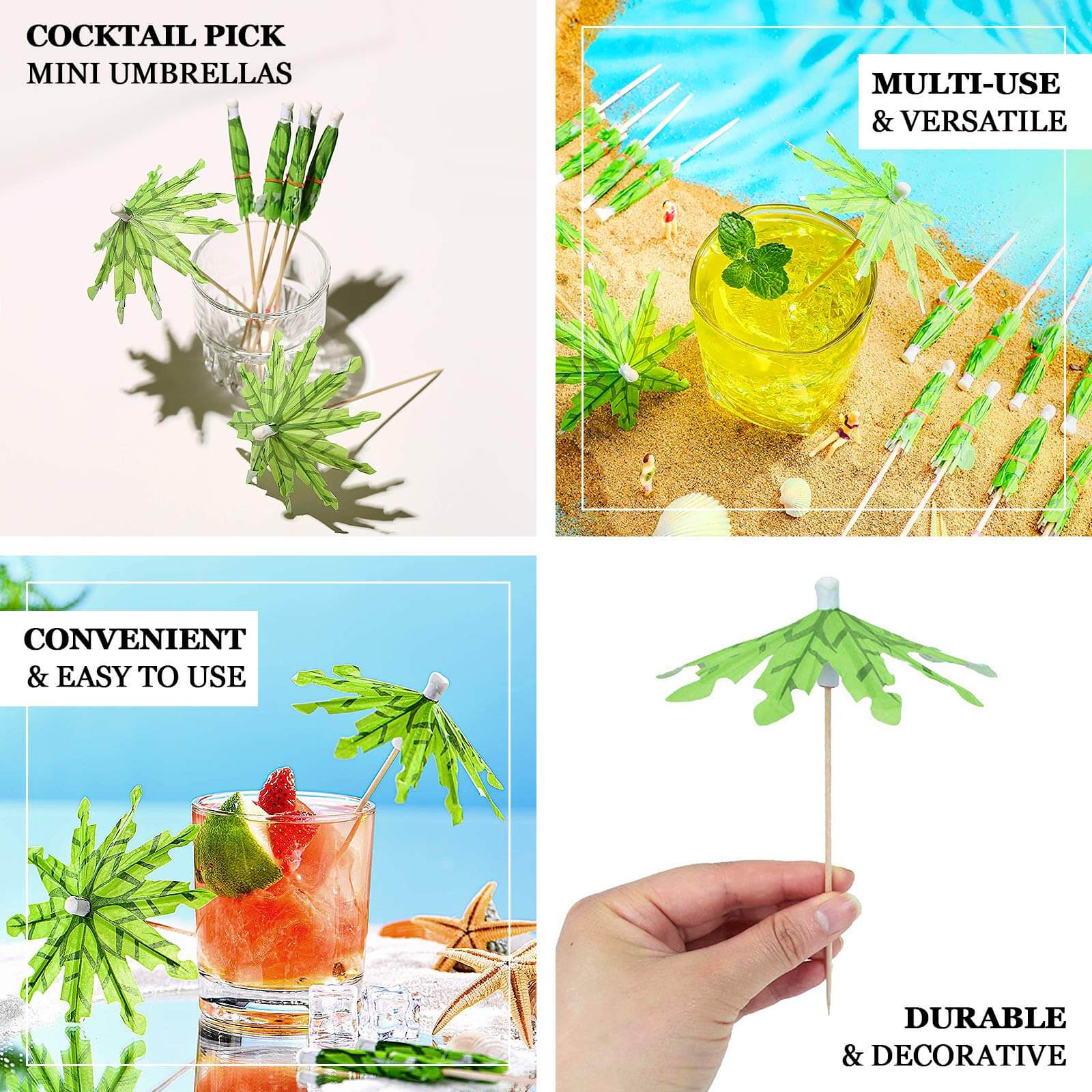 Eco-Friendly 50-Pack Green Bamboo Cocktail Picks with Tropical Leaf Parasol Design