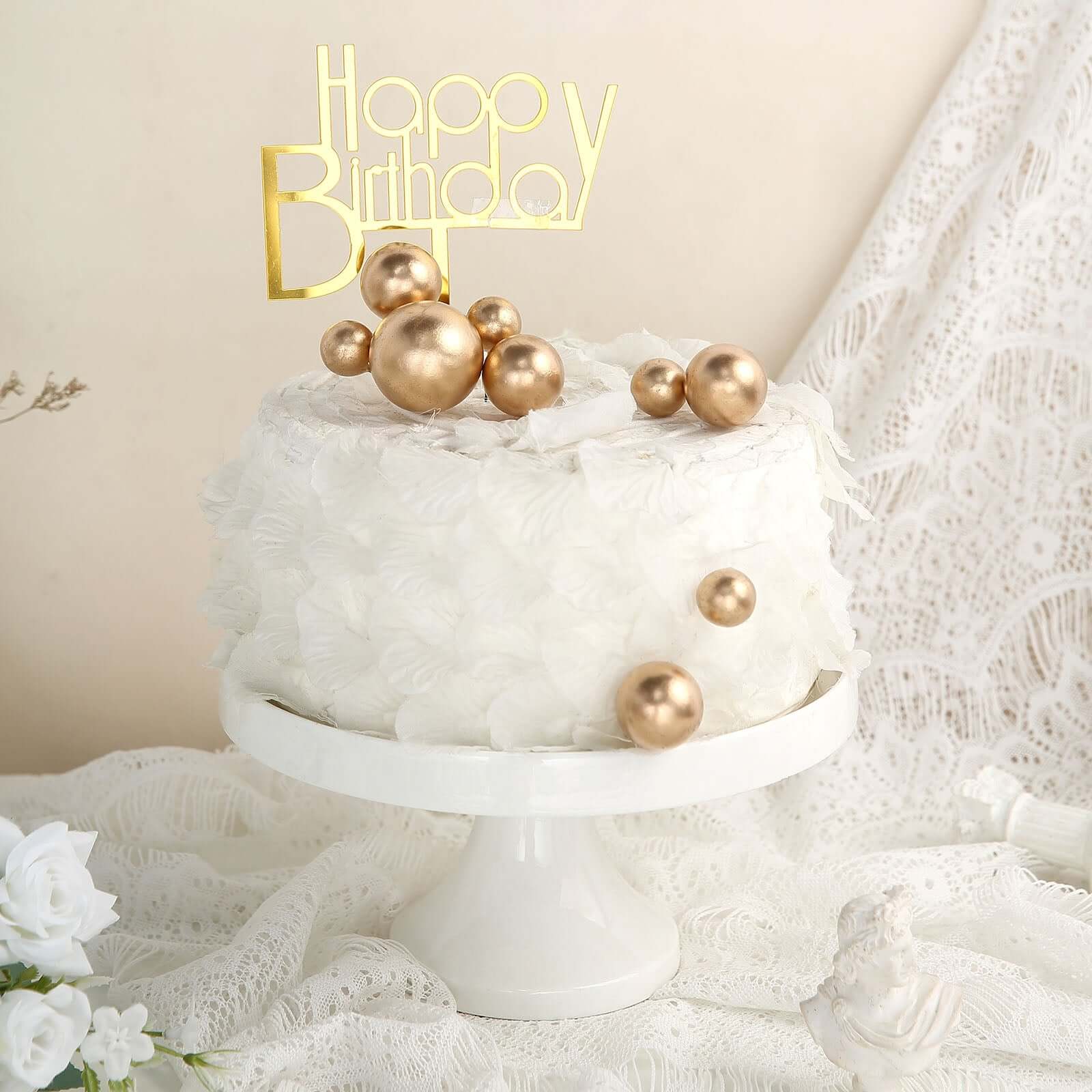 12 Pieces Gold Faux Pearl Ball Cake Toppers in Assorted Sizes for DIY Cupcake Decor