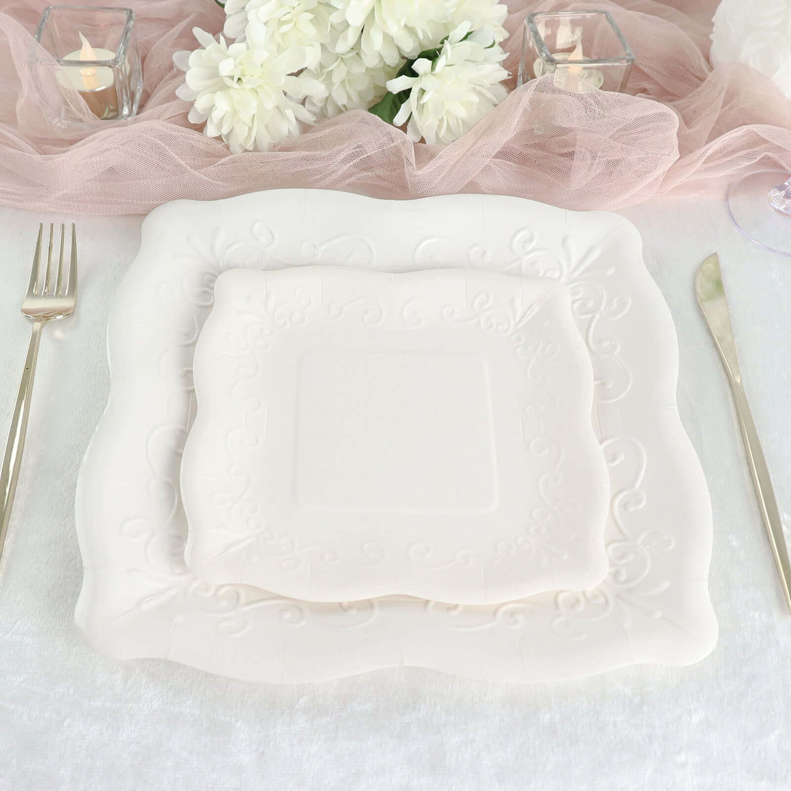25-Pack White 7-Inch Square Disposable Dessert Plates with Vintage Pottery Embossed Design - Ideal for Special Events