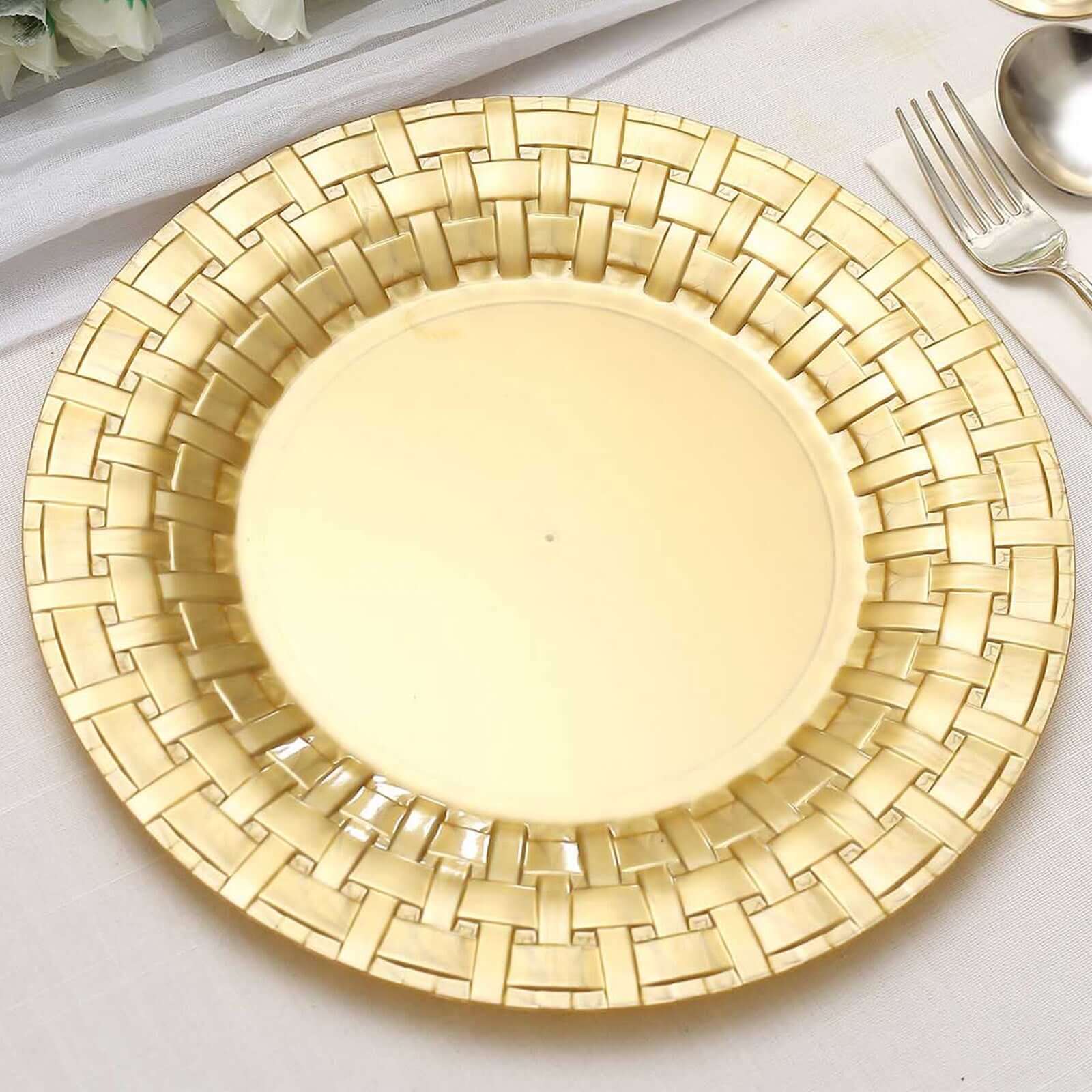 Hot Deal! 10-Pack Gold Basketweave Rim Disposable Plastic Dinner Plates (10