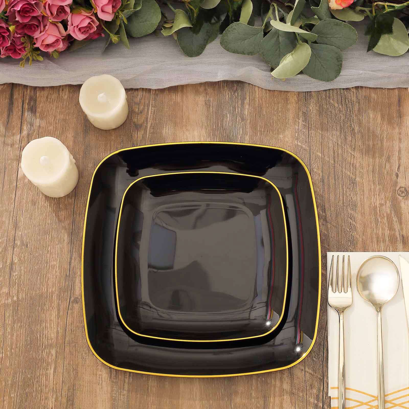 10-Pack Classy Disposable Black Plastic Dinner Plates with Gold Rim, 10 Square