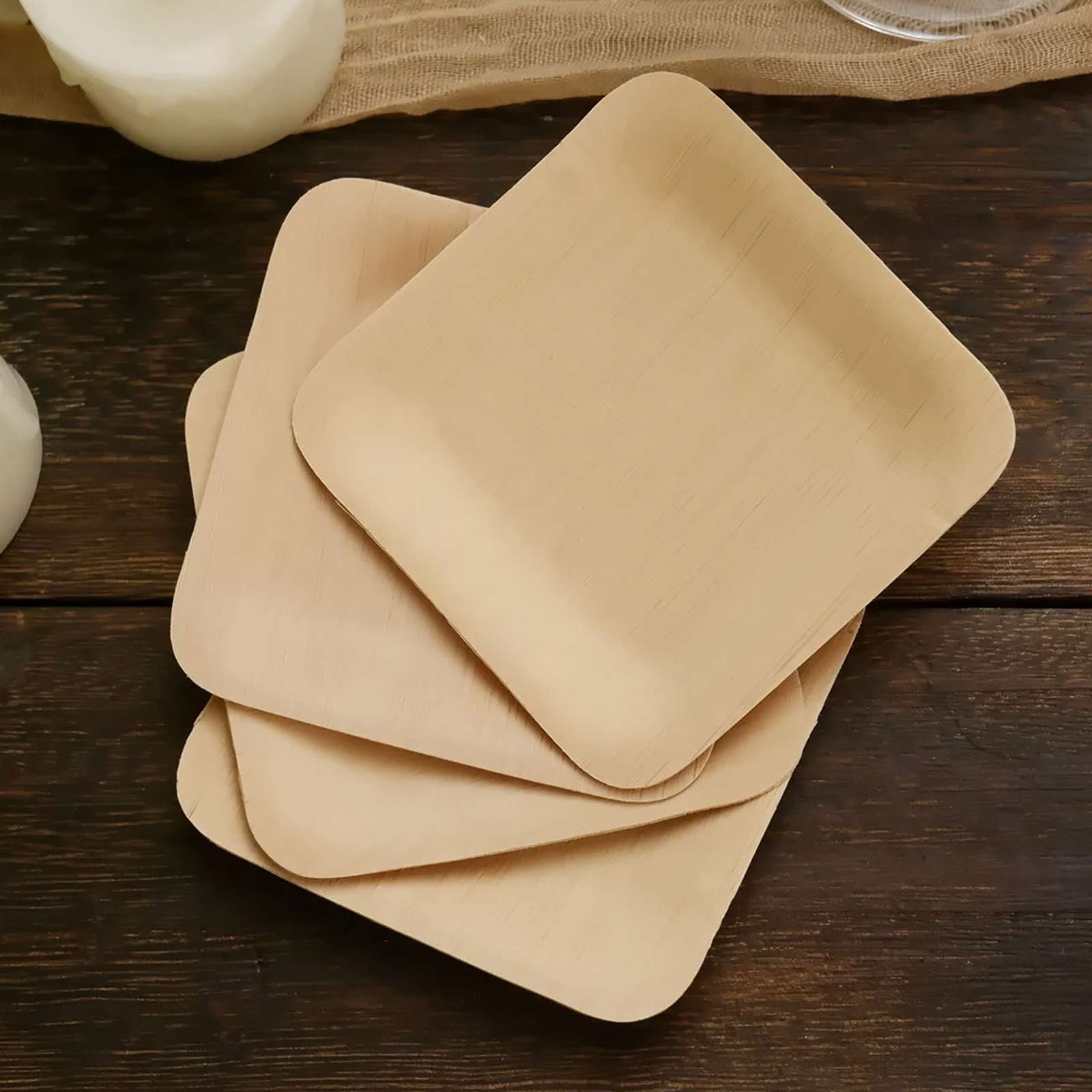 25-Piece Set of 3.5-Inch Natural Bamboo Square Disposable Dessert Plates for Farmhouse Events