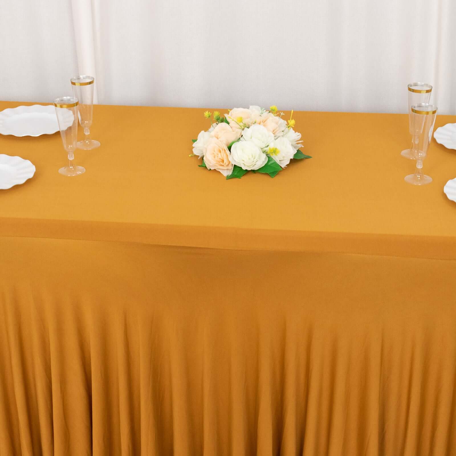 Stylish Gold Spandex Table Skirt with Wavy Effect for Weddings, Banquets & Shows