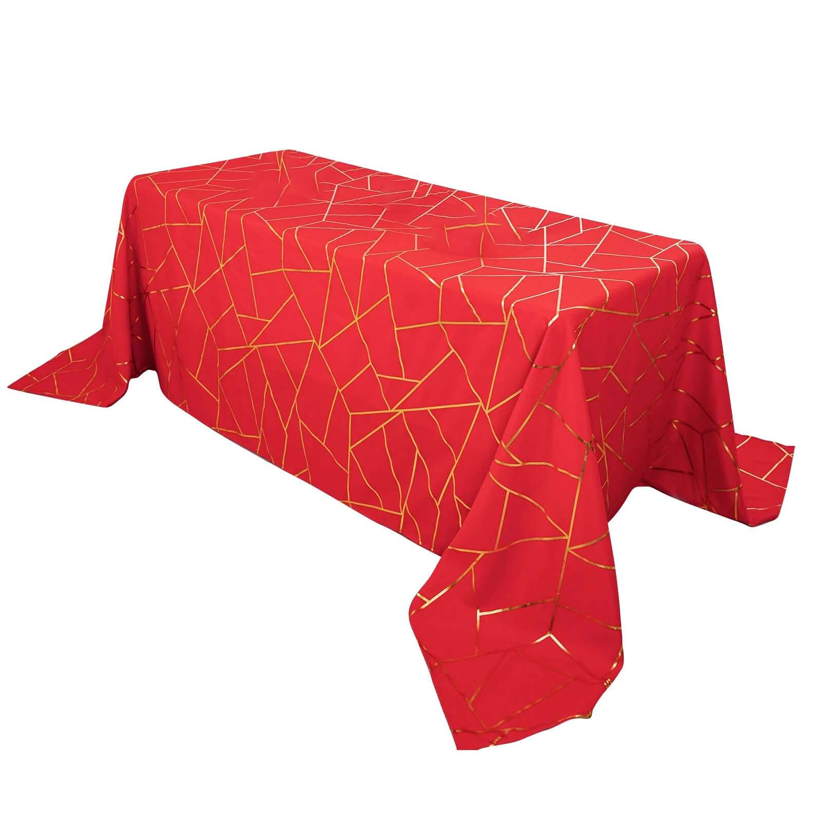 Hot! Red Seamless Polyester Tablecloth with Gold Foil Geometric Pattern, Wrinkle-Resistant (90x132)