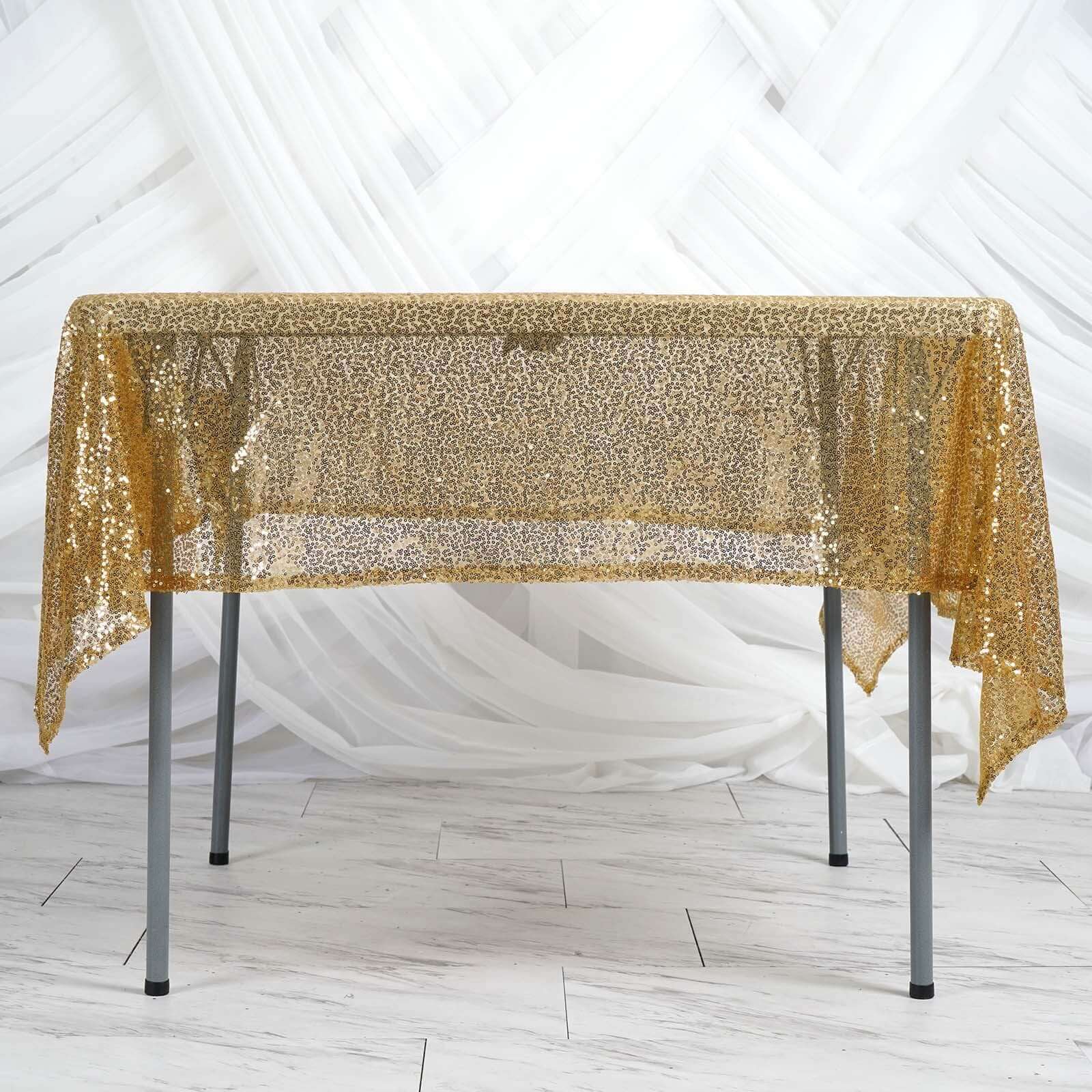 Luxe Gold Sequin Square Table Overlay 60x60 - Perfect for Weddings and Events