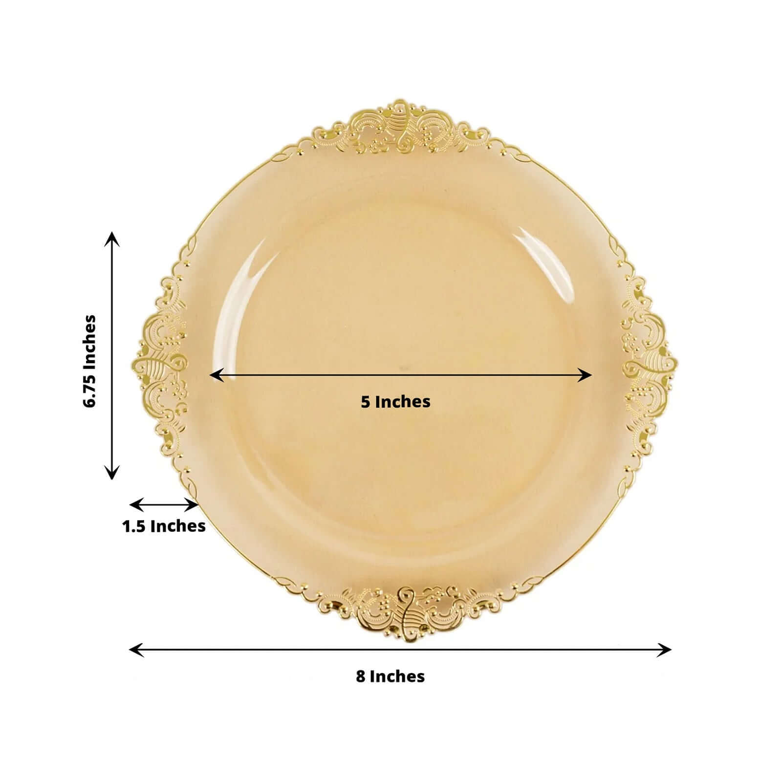 10-Pack Disposable Vintage Baroque Style 8-Inch Round Plastic Dessert Plates in Transparent Amber Gold with Gold Leaf Rim
