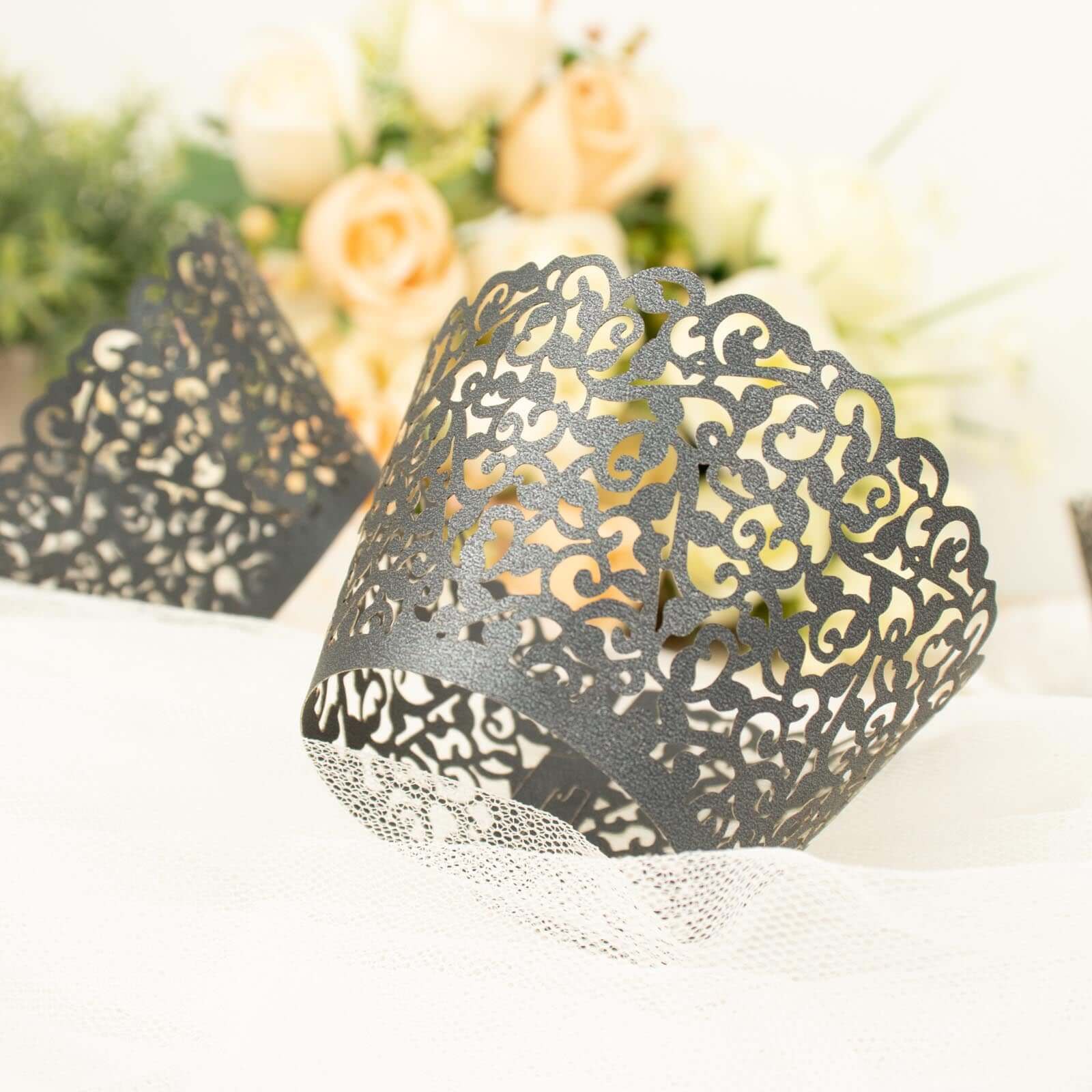 25-Pack Premium Black Lace Laser-Cut Paper Cupcake Wrappers - Ideal for Events