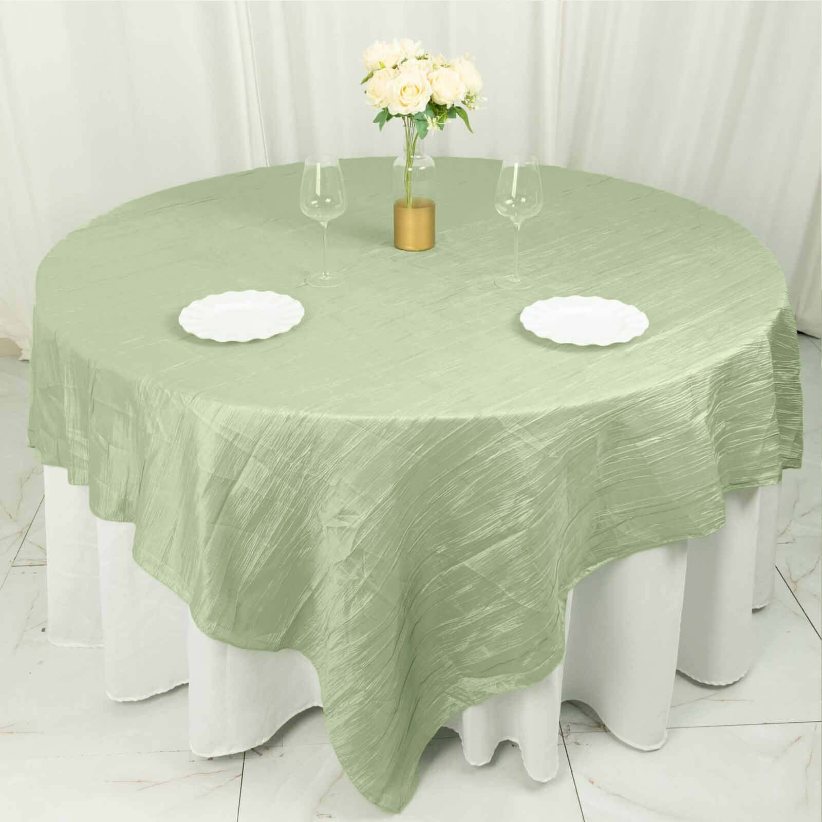 Sage Green 90x90 Square Accordion Crinkle Taffeta Table Overlay