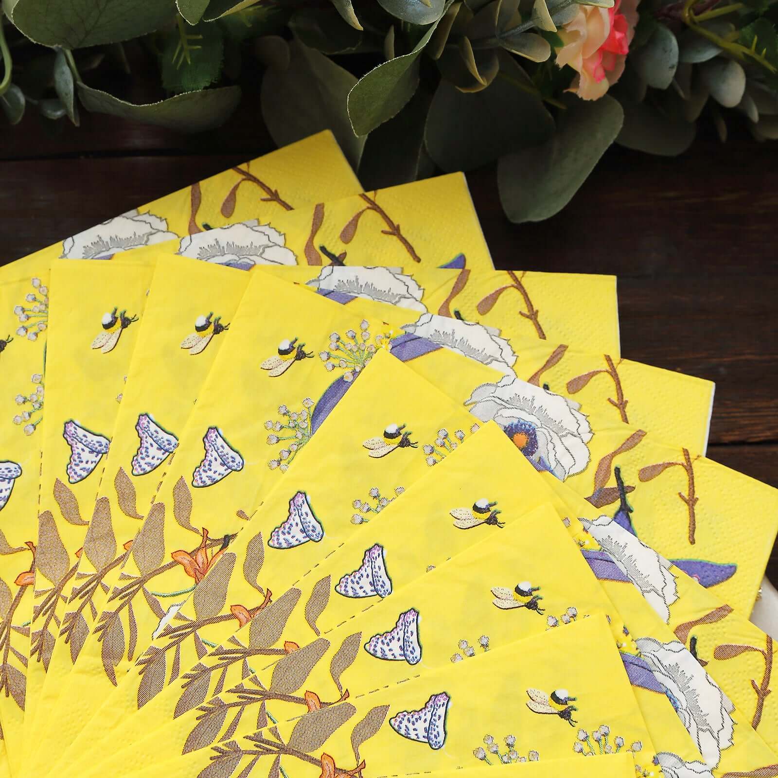 20-Pack Yellow Floral 2-Ply Soft 18GSM Paper Beverage Napkins for Weddings and Parties