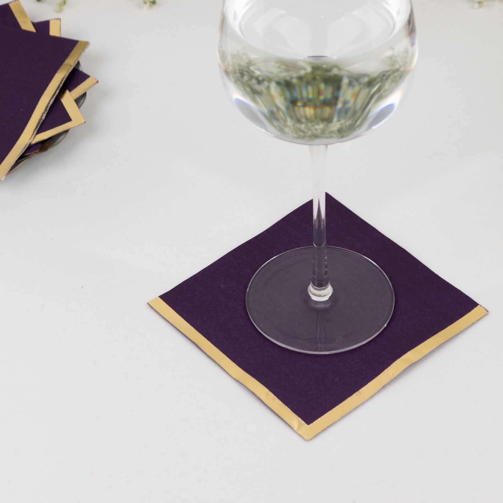 50-Piece 2-Ply Disposable Soft 18GSM Purple Cocktail Napkins with Gold Foil Edge, 5x5