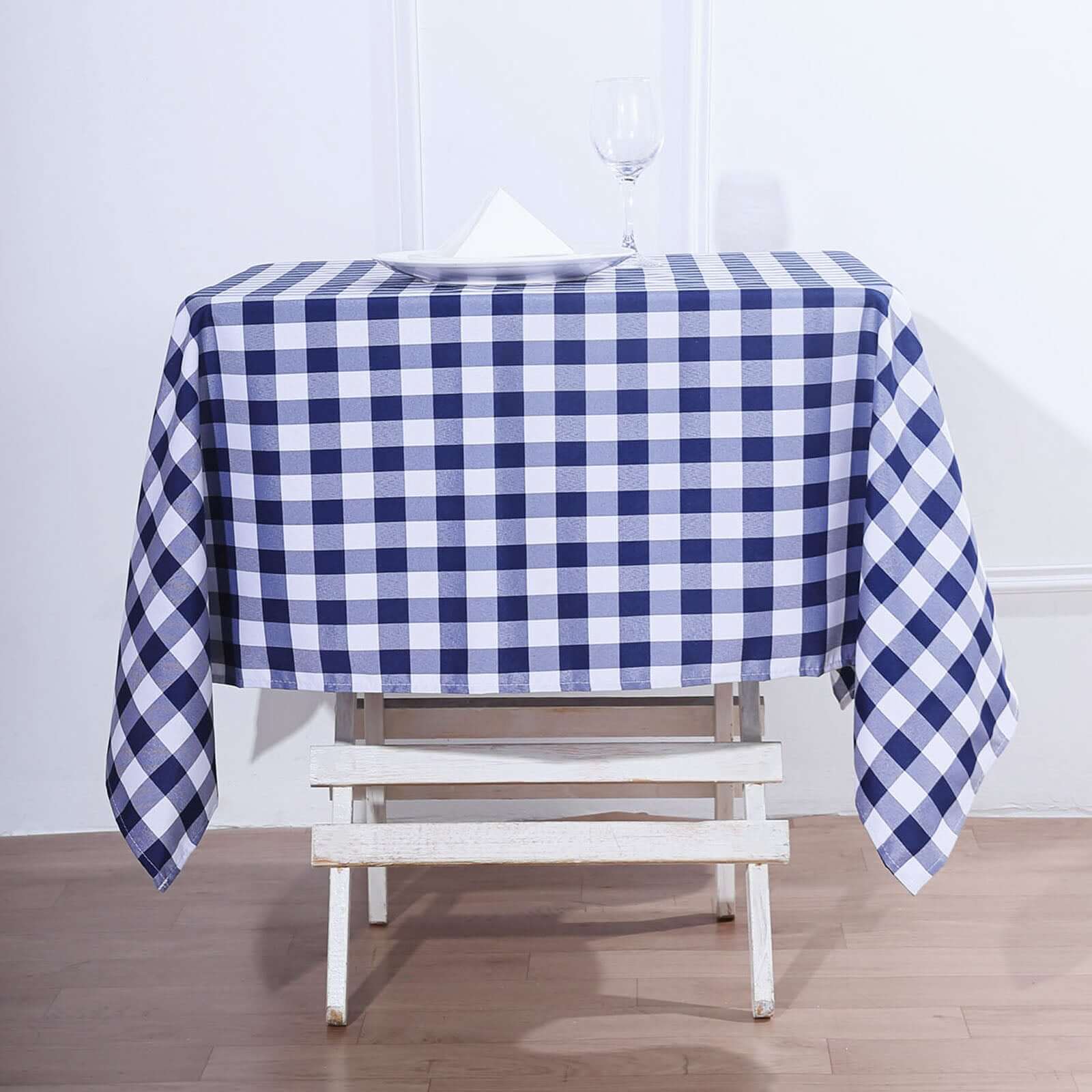 Hot! White/Navy Blue Checkered Buffalo Plaid Polyester 54x54 Square Tablecloth for Casual Tables