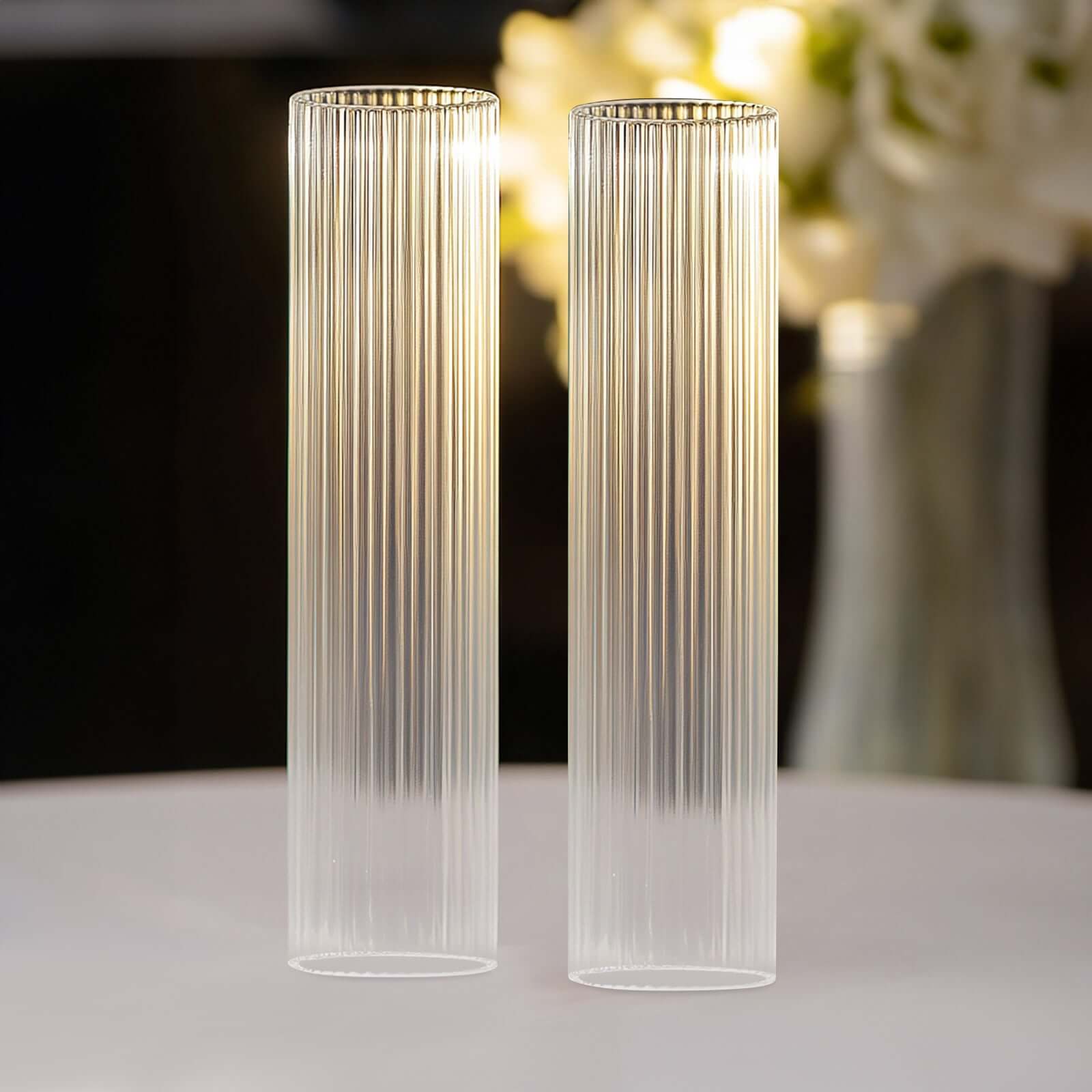 Hot Deal! 2-Pack Clear Ribbed Glass Hurricane Shades - Ideal Candle Holder Centerpieces, 20 Inches