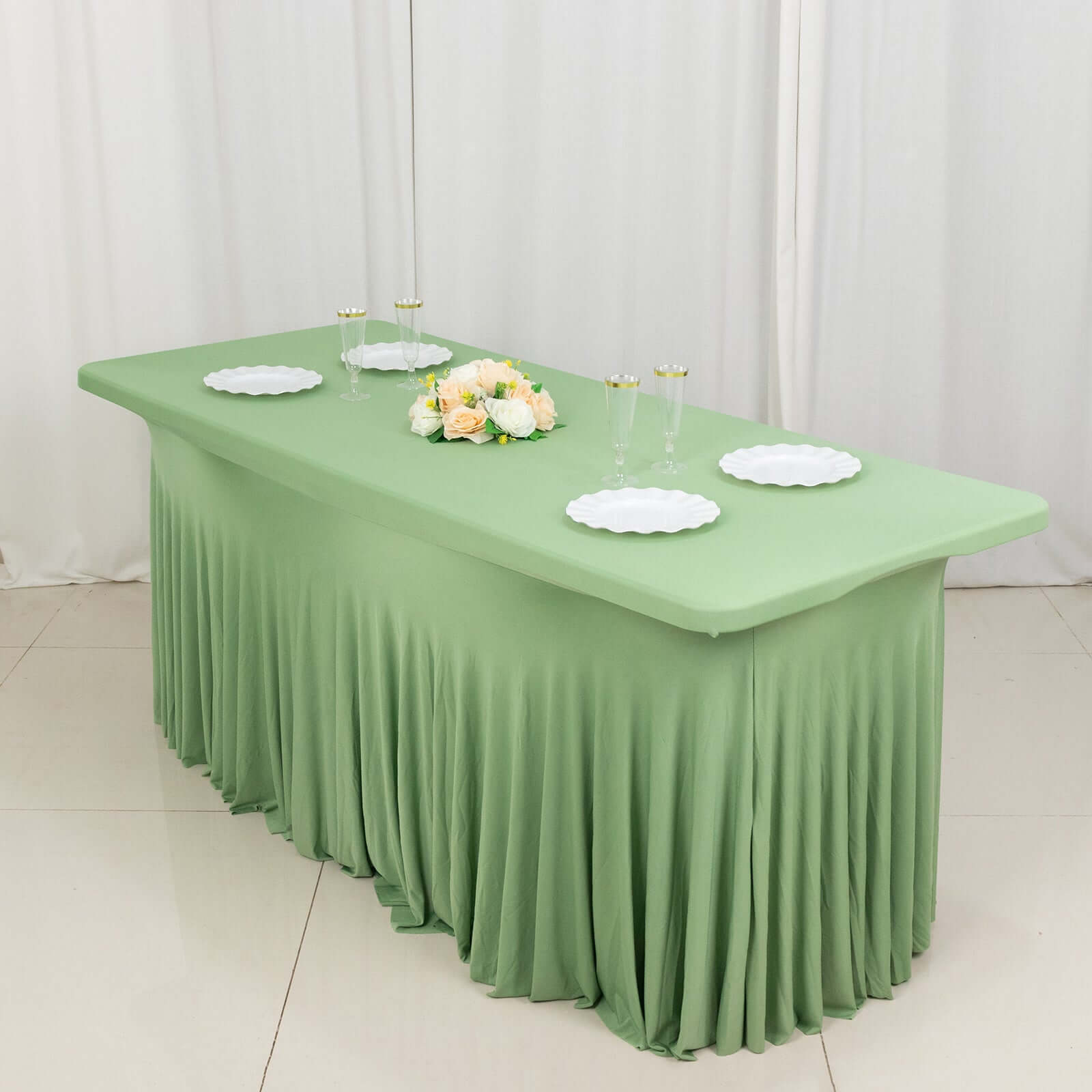 Sage Green Spandex Table Skirt with Wavy Effect for 6ft Tables