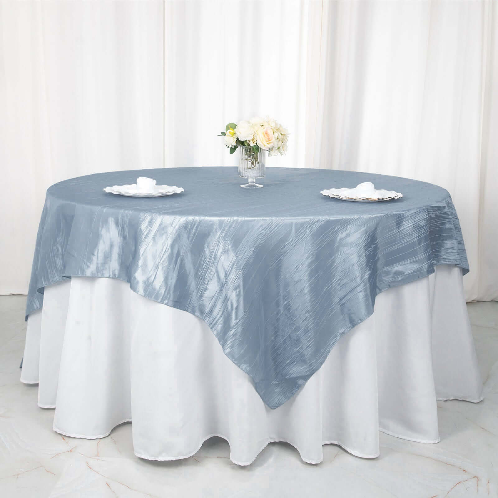 Dusty Blue Accordion Crinkle 90x90 Square Taffeta Table Overlay