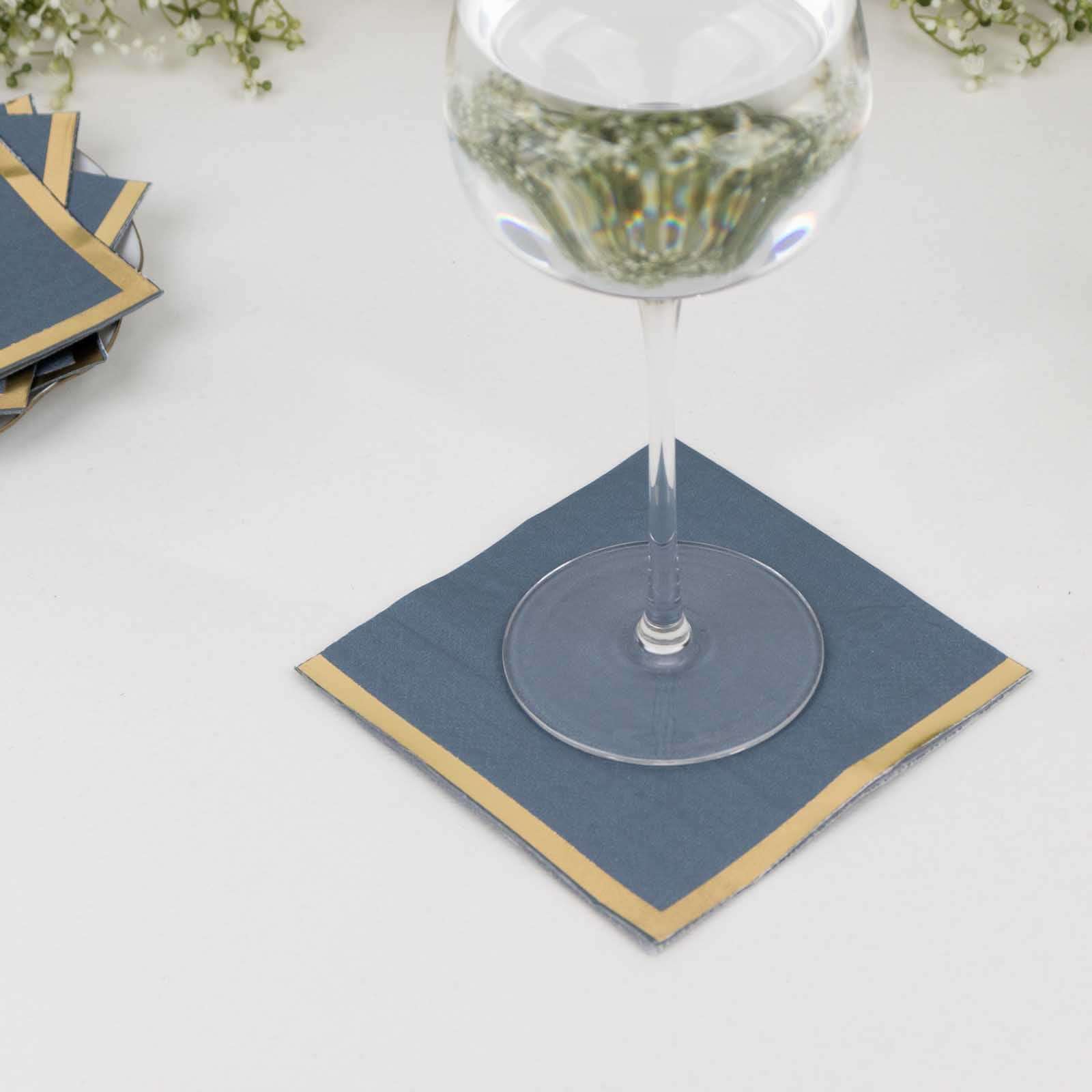 Hot! 50-Pack 2-Ply Disposable 18GSM Dusty Blue Cocktail Napkins with Gold Foil Edge 5x5